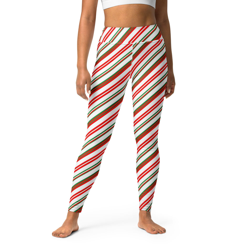 Women’s candy cane stripe buttery soft high-waisted yoga leggings with red green and white diagonal stripes