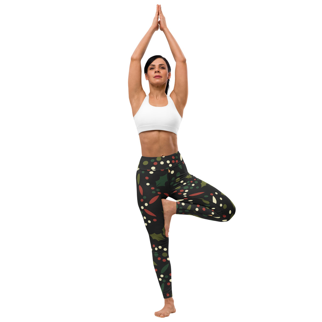 Women’s black buttery soft yoga leggings with red green and white holly berry festive leaf pattern