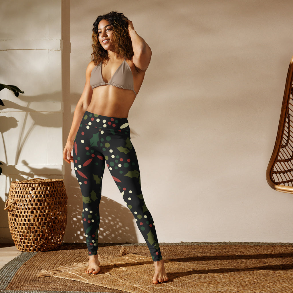 Women’s holly berry buttery soft black leggings with green holly leaves red berries and white polka dots festive pattern