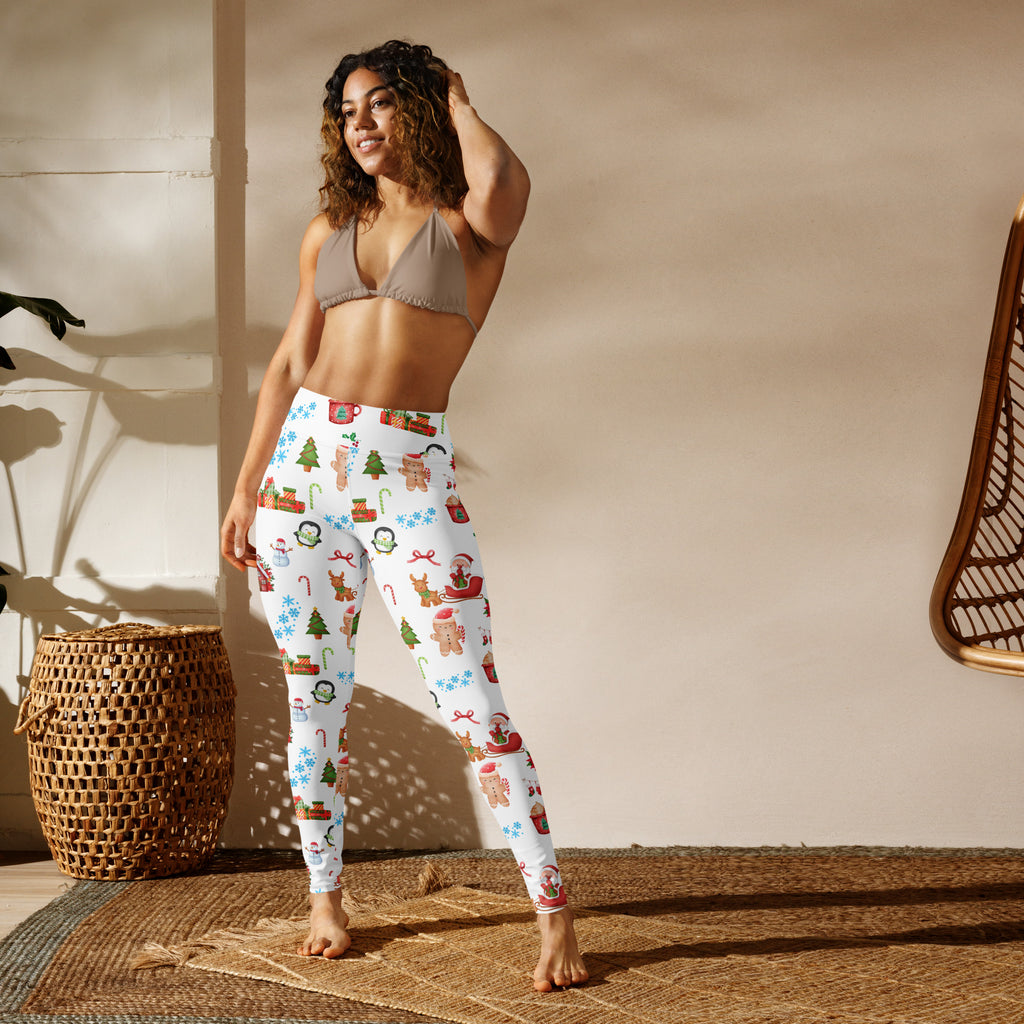 Women’s white christmas buttery soft yoga leggings with festive gingerbread men snowmen trees and candy canes patterns