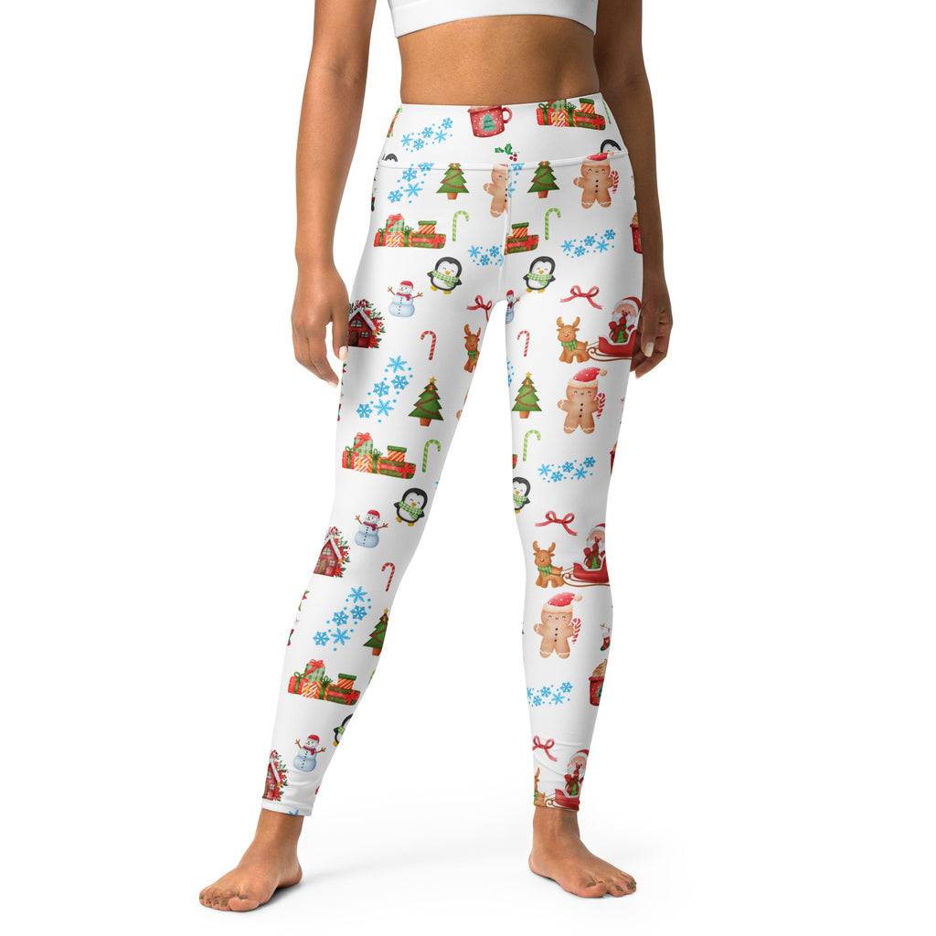 White christmas buttery soft yoga leggings with festive gingerbread men penguins candy canes snowmen and trees design