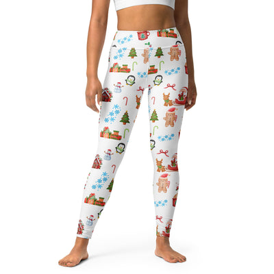 White christmas buttery soft yoga leggings with festive gingerbread men penguins candy canes snowmen and trees design