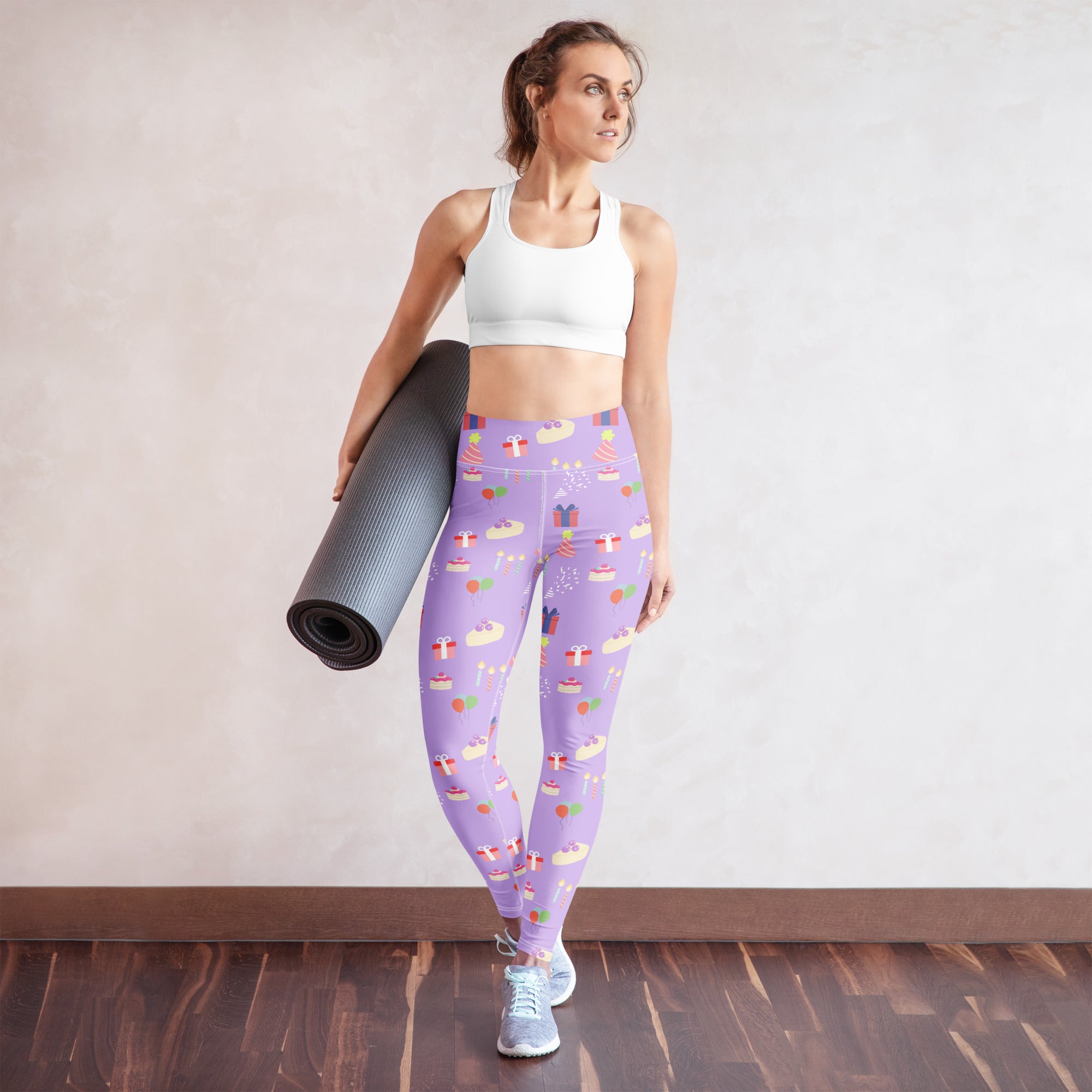 Women’s purple buttery soft yoga leggings with birthday cupcake gift and holiday decoration pattern