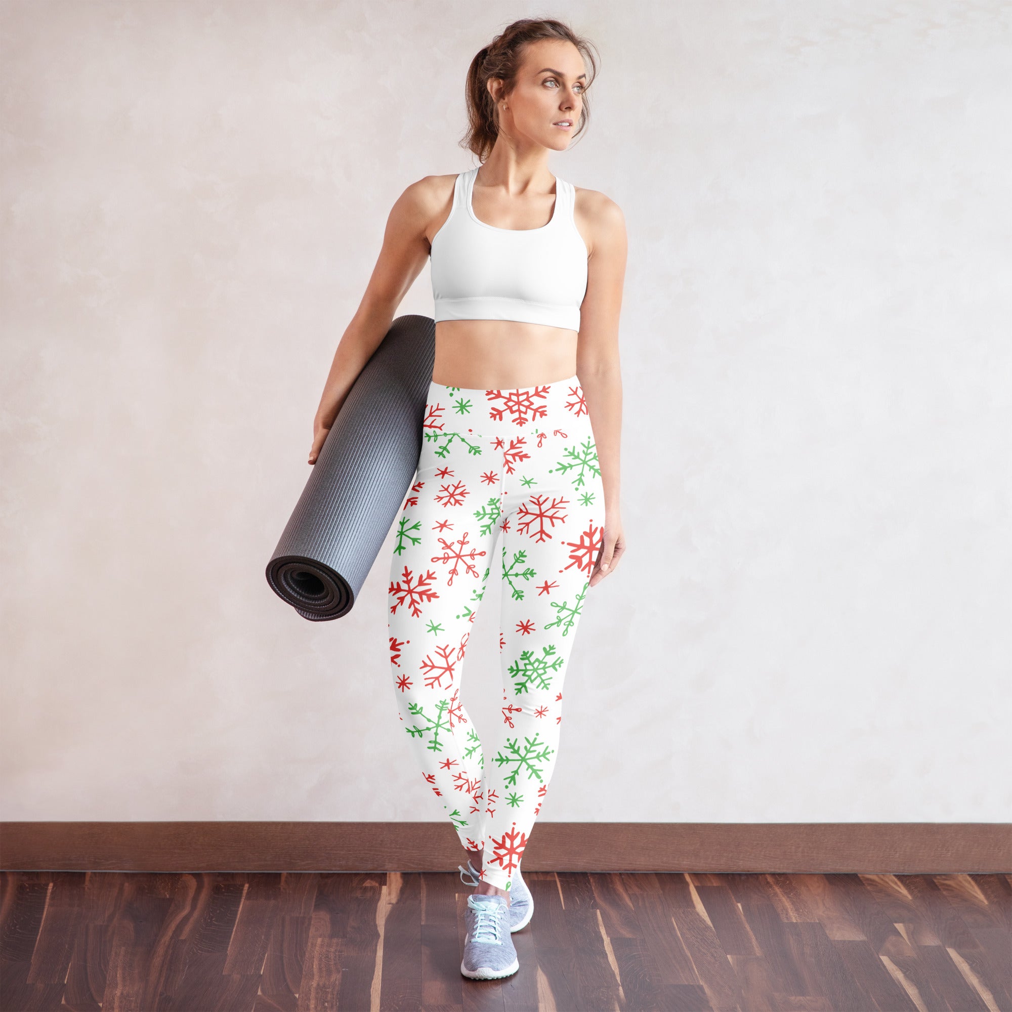 White buttery soft yoga leggings with red and green snowflake patterns for women christmas wear