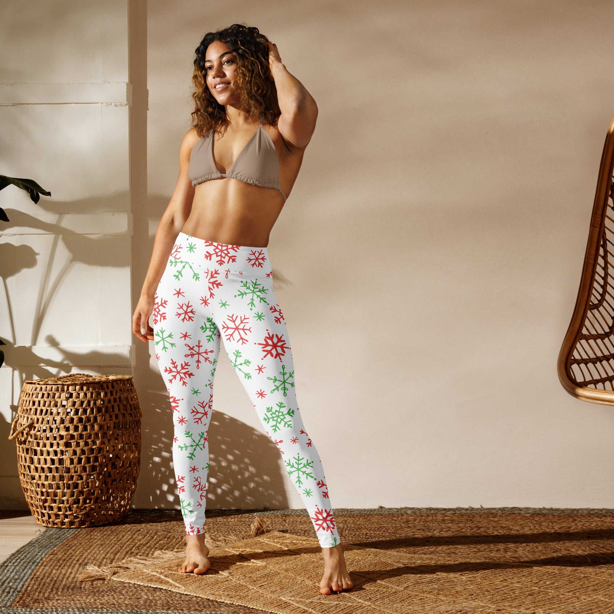 White buttery soft women’s yoga leggings with festive red and green snowflake pattern perfect for Christmas wear