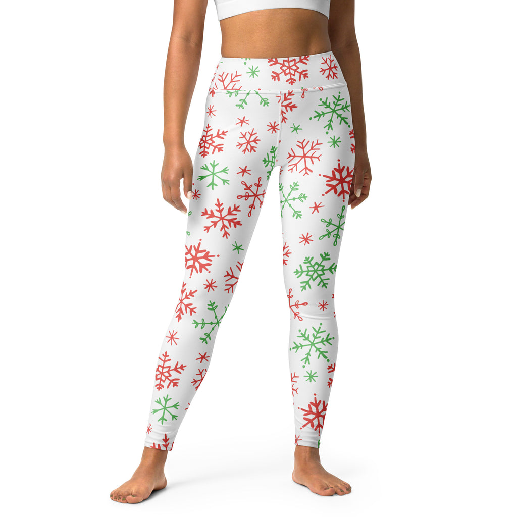 White buttery soft women’s yoga leggings with red and green snowflake festive pattern for Christmas wear