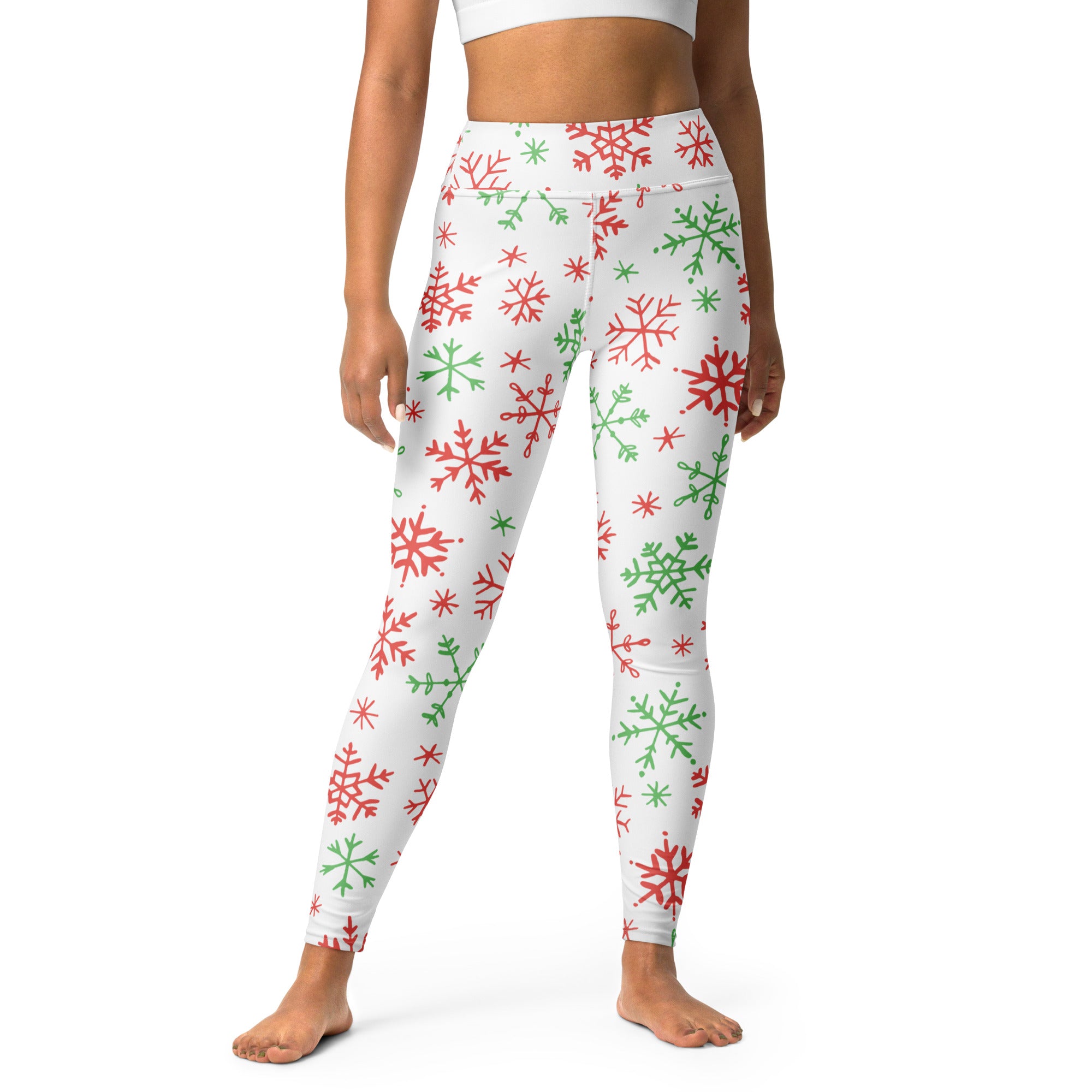 White buttery soft women’s yoga leggings with red and green snowflake festive pattern for Christmas wear
