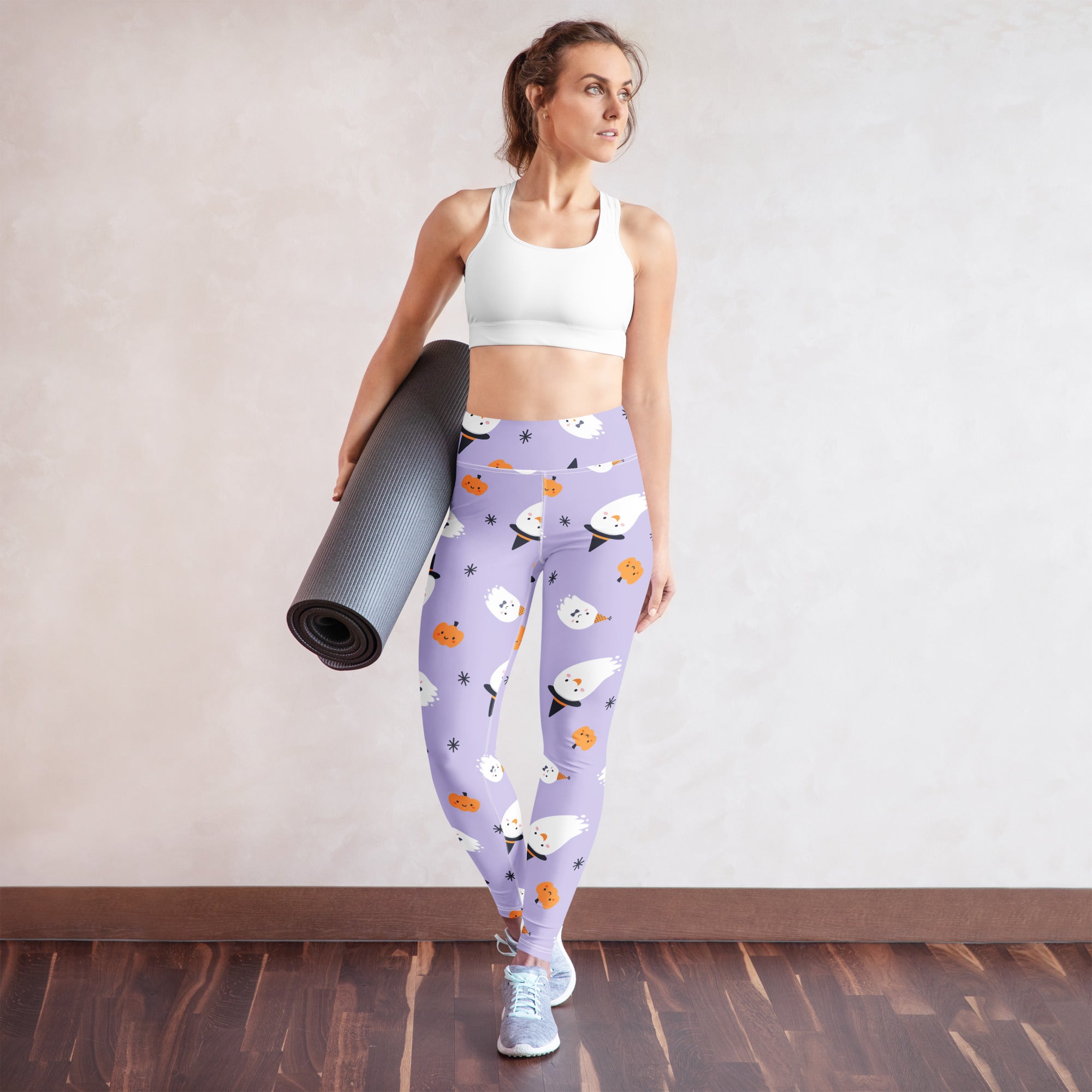 Lavender women’s witch ghost buttery soft yoga leggings with playful white ghosts and orange pumpkins pattern