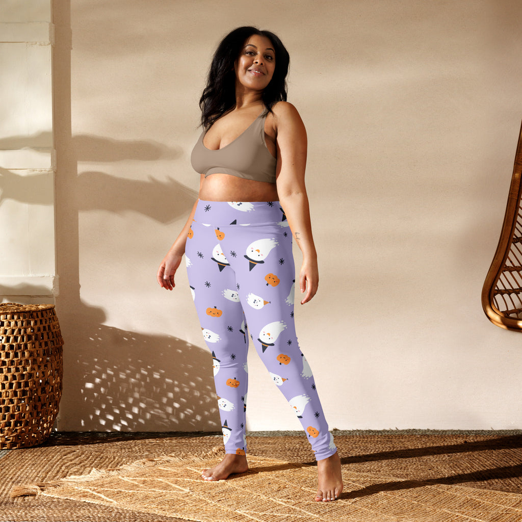 Women’s witch ghost buttery soft yoga leggings in lavender with white ghosts and orange pumpkins pattern