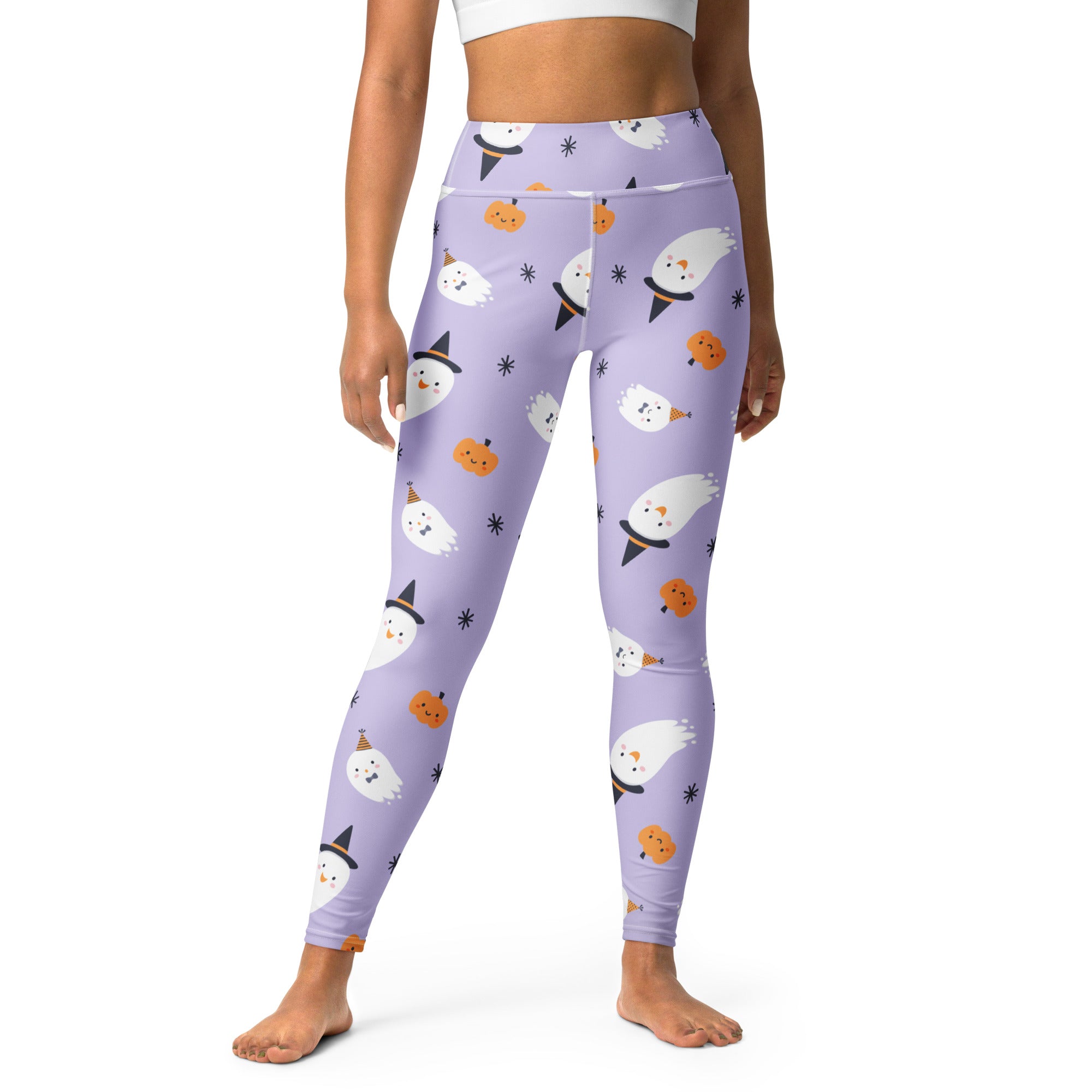Women’s purple witch ghost buttery soft yoga leggings with white ghosts in hats and orange pumpkins pattern