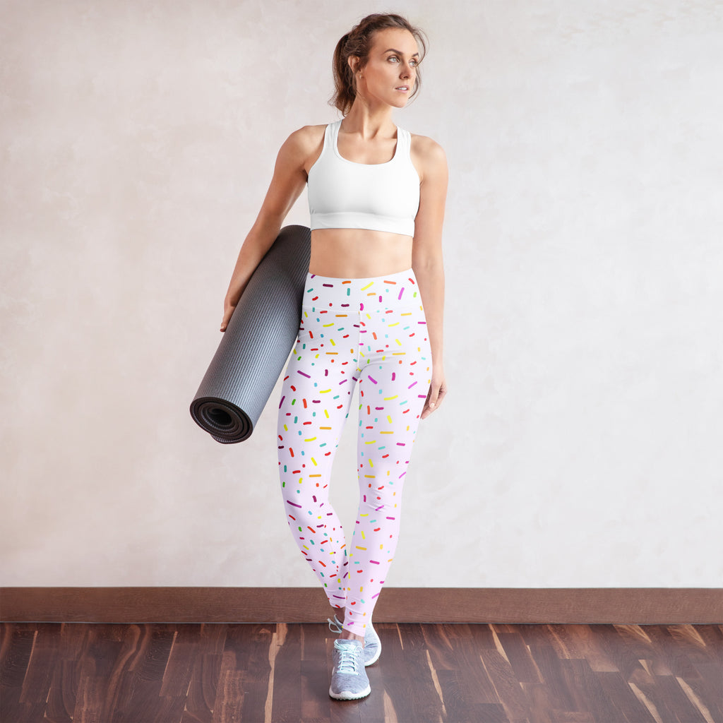 Women’s buttery soft pink yoga leggings with colorful sprinkle pattern for comfortable activewear
