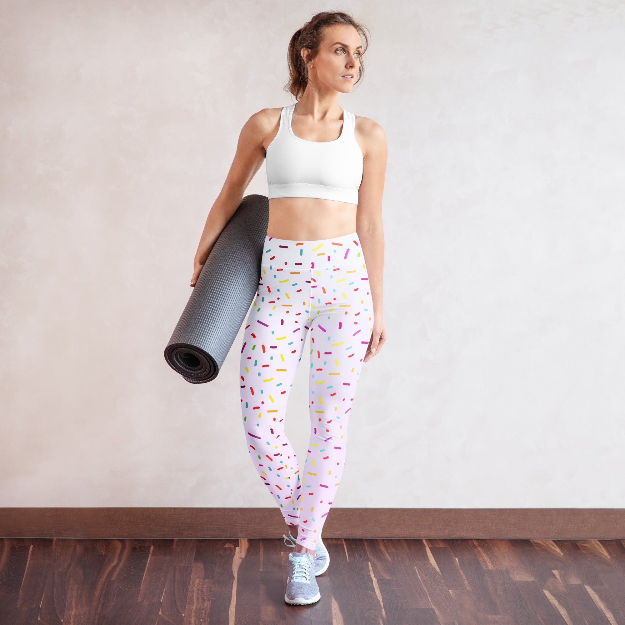 Women’s buttery soft pink yoga leggings with colorful sprinkle pattern for comfortable activewear