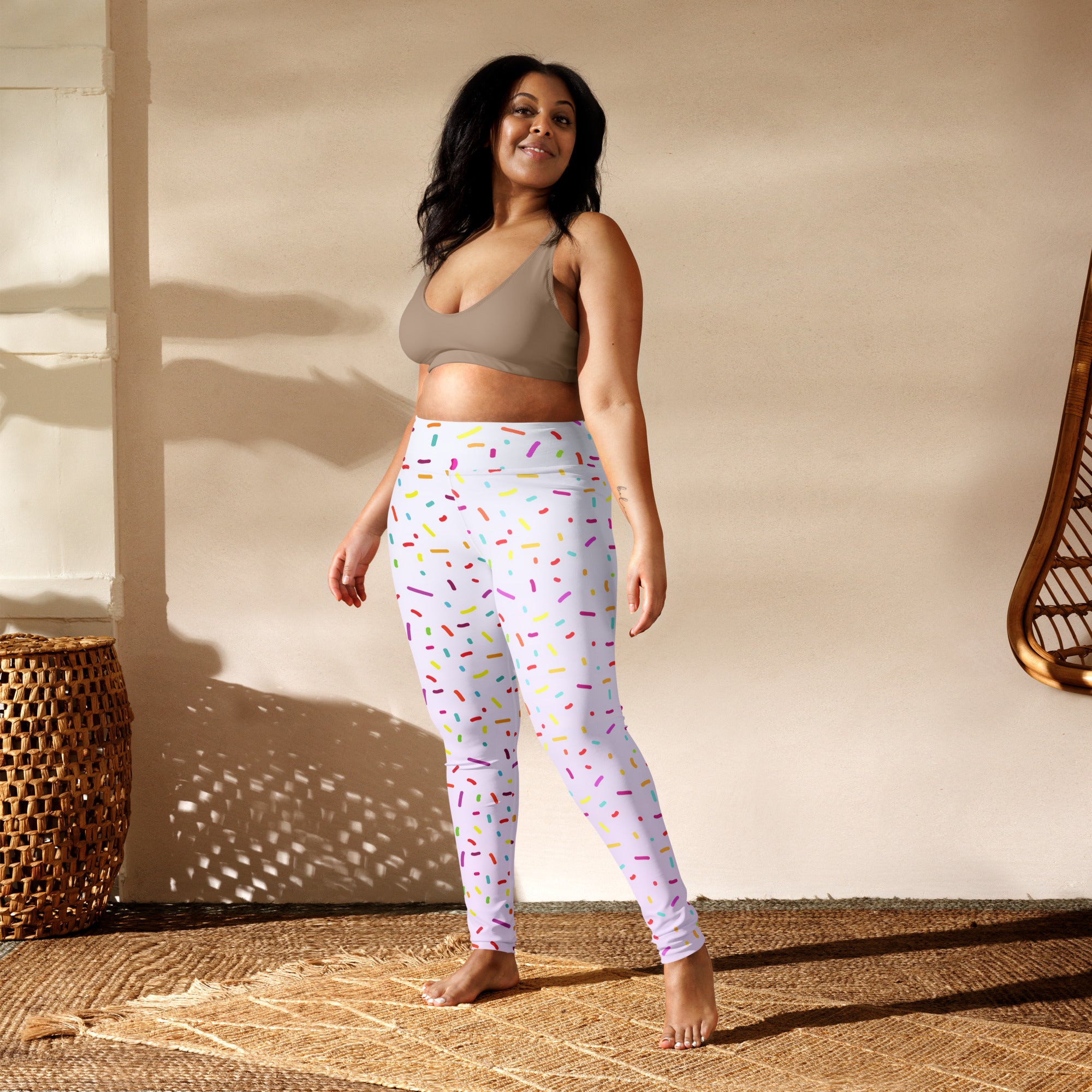 White buttery soft yoga leggings with colorful sprinkle pattern designed for women