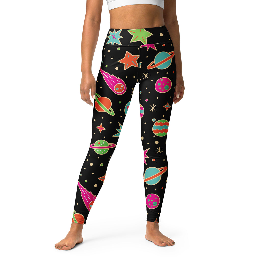 Women’s neon galaxy buttery soft yoga leggings in black with vibrant neon planets stars and comets in multiple colors