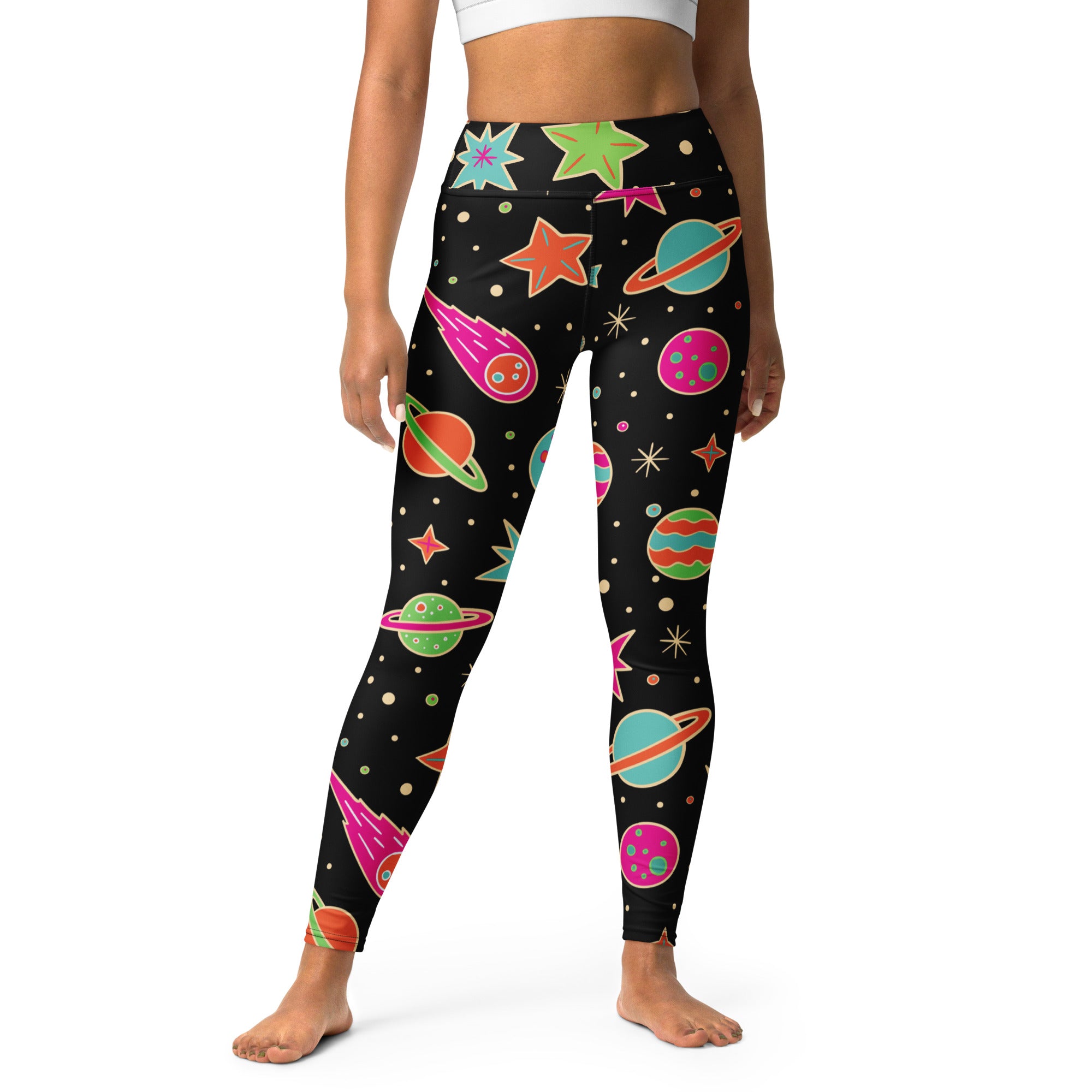 Women’s neon galaxy buttery soft yoga leggings in black with vibrant neon planets stars and comets in multiple colors