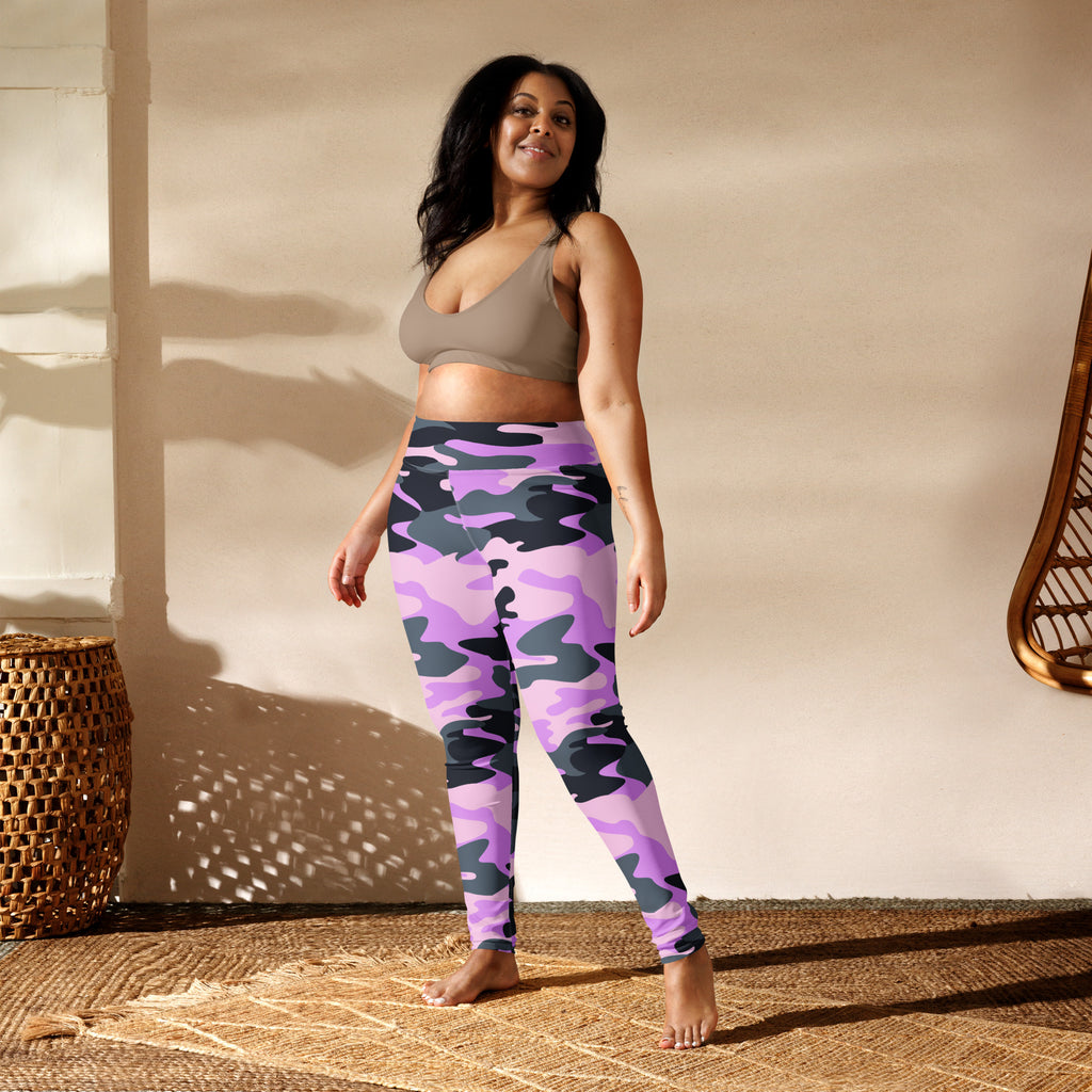Women’s purple and black camouflage buttery soft yoga leggings shown from the back side