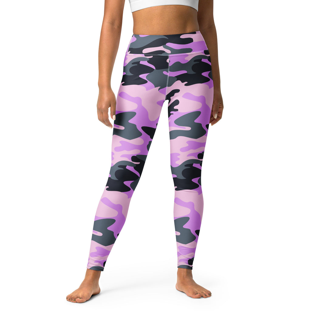 Women’s purple and black camouflage high-waisted buttery soft yoga leggings shown from the back side