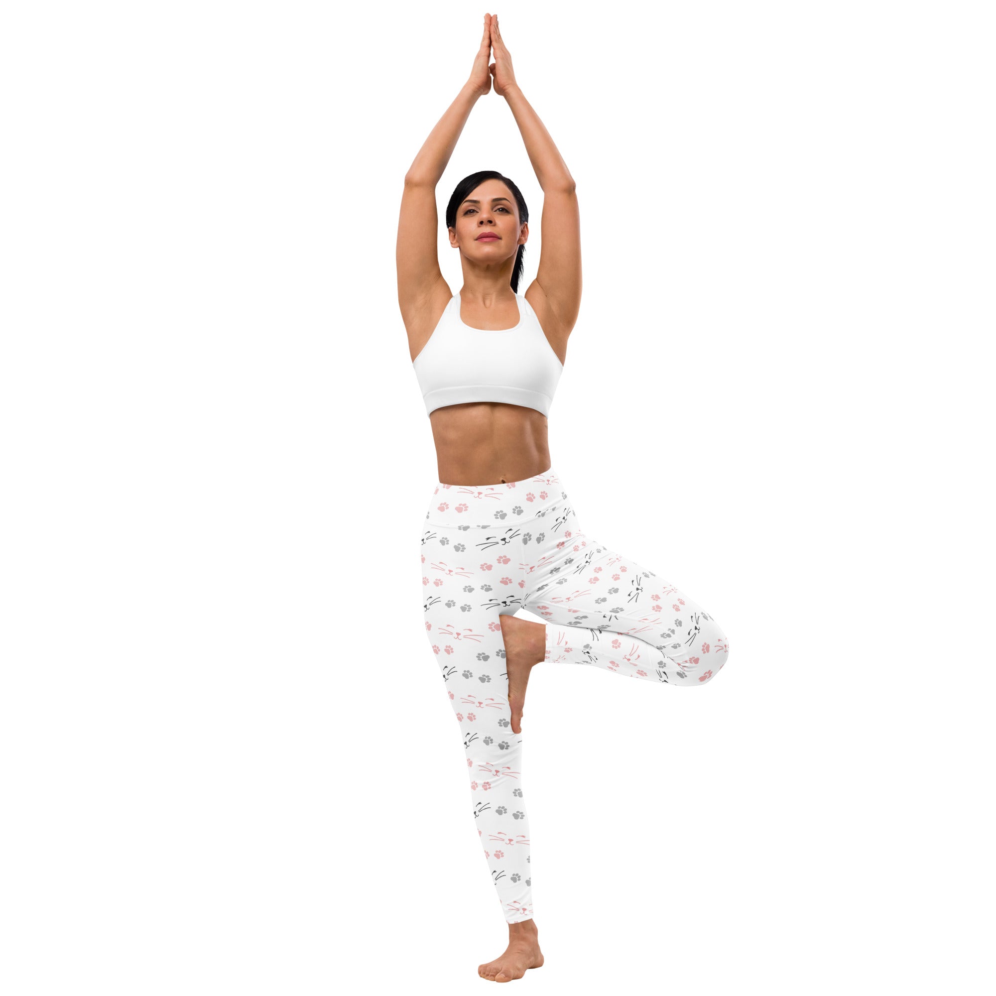 White women’s cat paw print buttery soft yoga leggings with subtle gray and pink lotus flower pattern