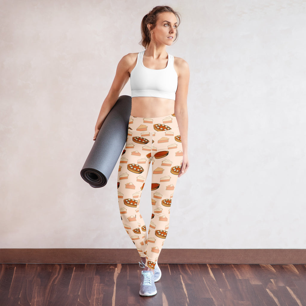 Beige buttery soft women’s leggings with a playful warm toned pumpkin pie pattern perfect for thanksgiving yoga
