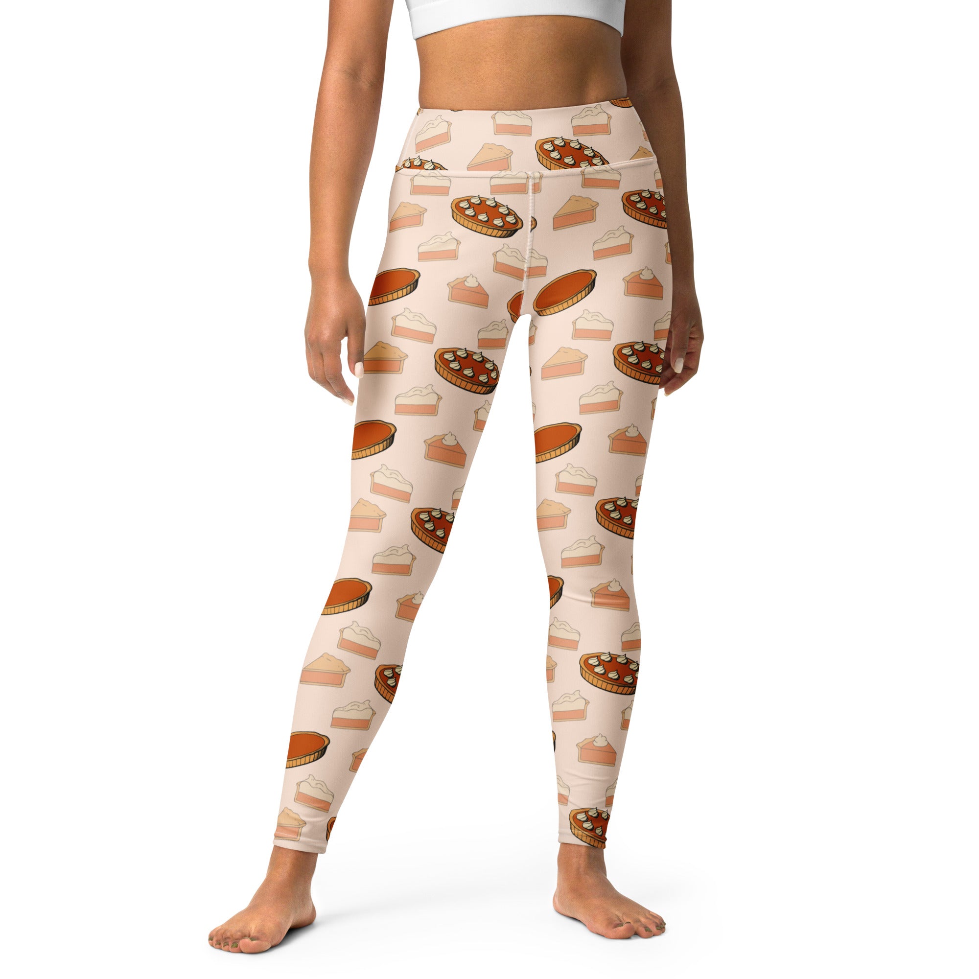 Beige buttery soft women’s pumpkin pie thanksgiving yoga leggings with playful assorted pie pattern in warm tones