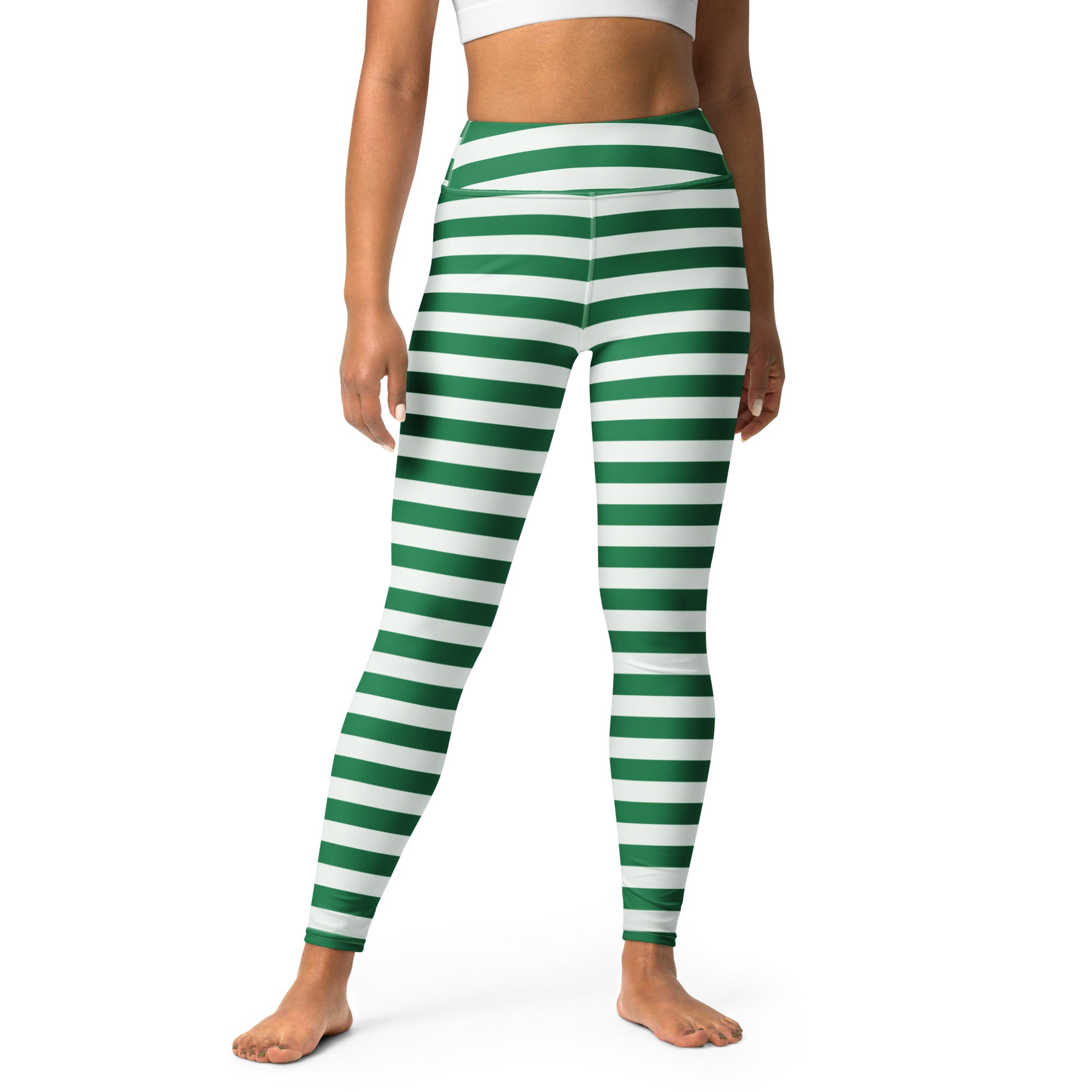 Women’s green and white striped high-waisted buttery soft yoga leggings front view