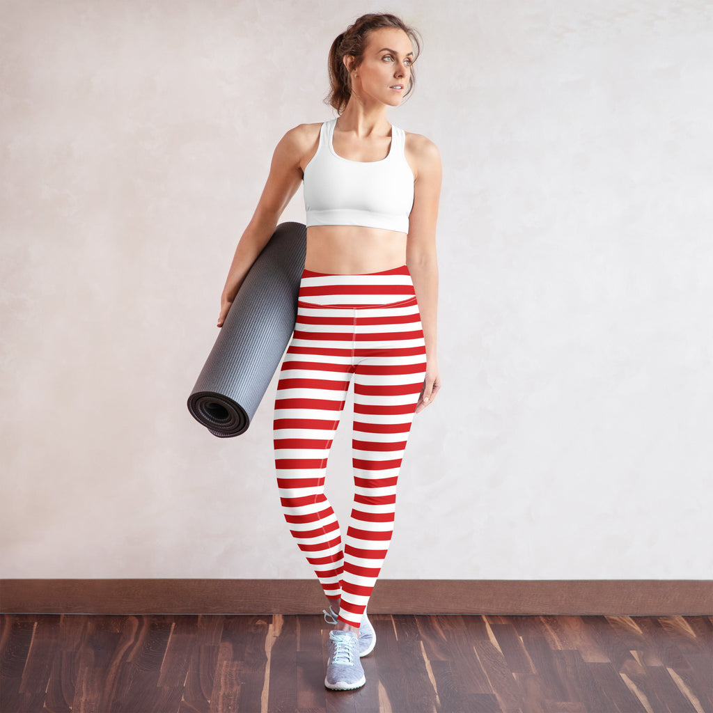 Women’s red and white striped buttery soft yoga leggings featuring horizontal stripes and comfortable stretch fabric