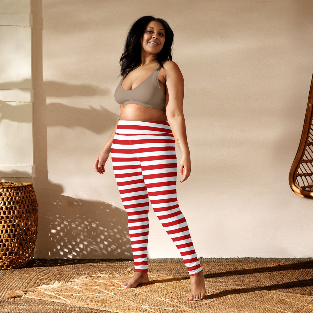 Women’s red and white striped buttery soft yoga leggings made of stretchy fabric for comfortable activewear