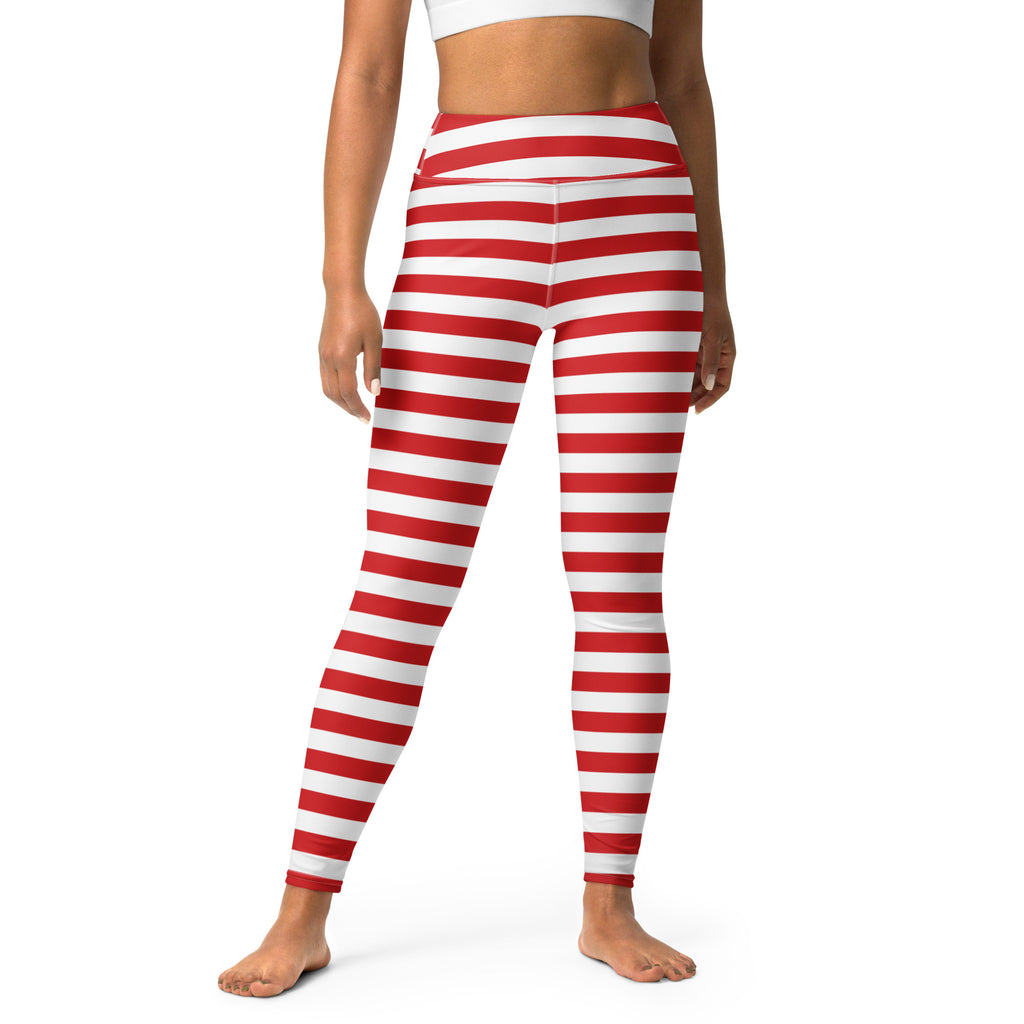 Women’s red and white striped high waisted buttery soft yoga leggings shown from the back side
