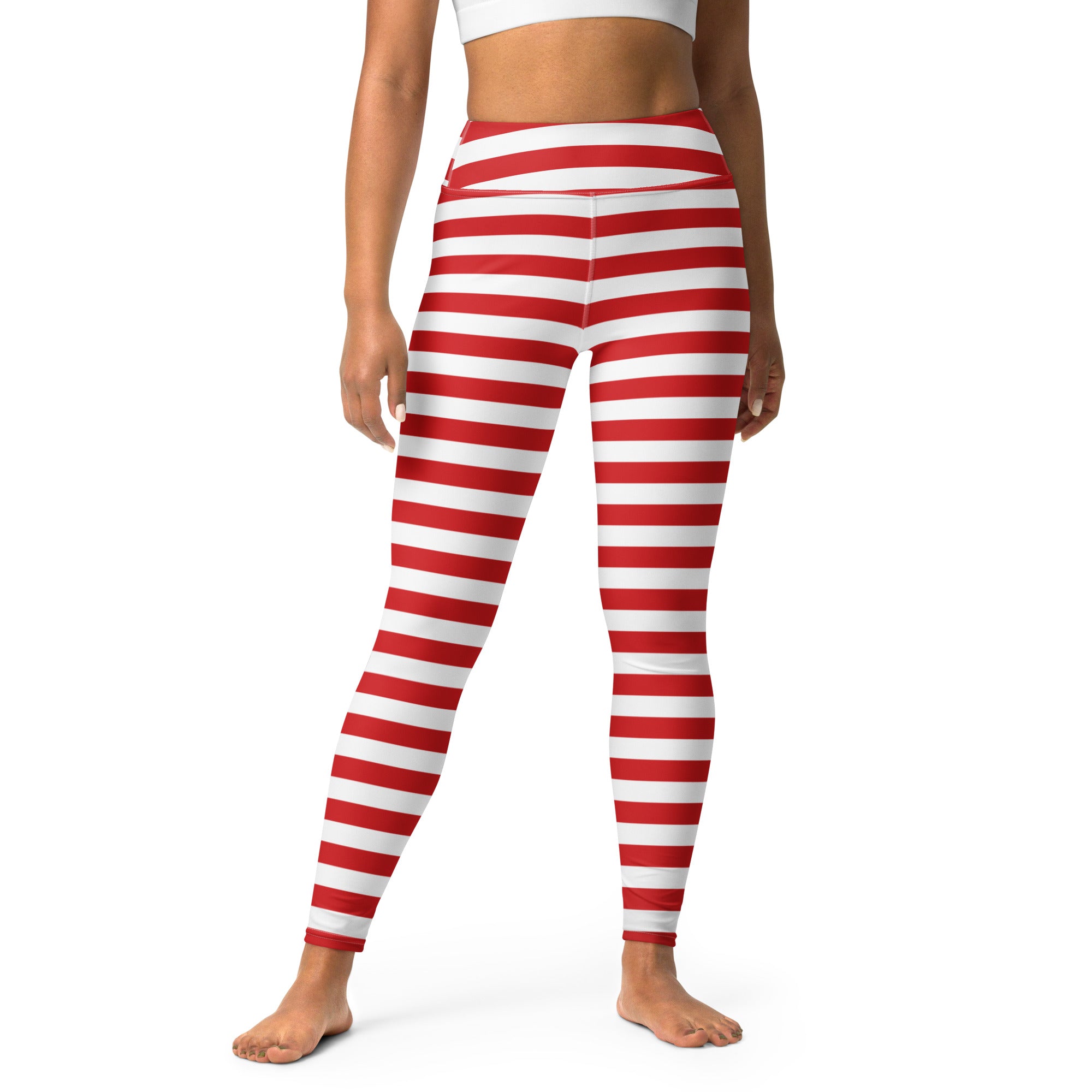 Women’s red and white striped high waisted buttery soft yoga leggings shown from the back side