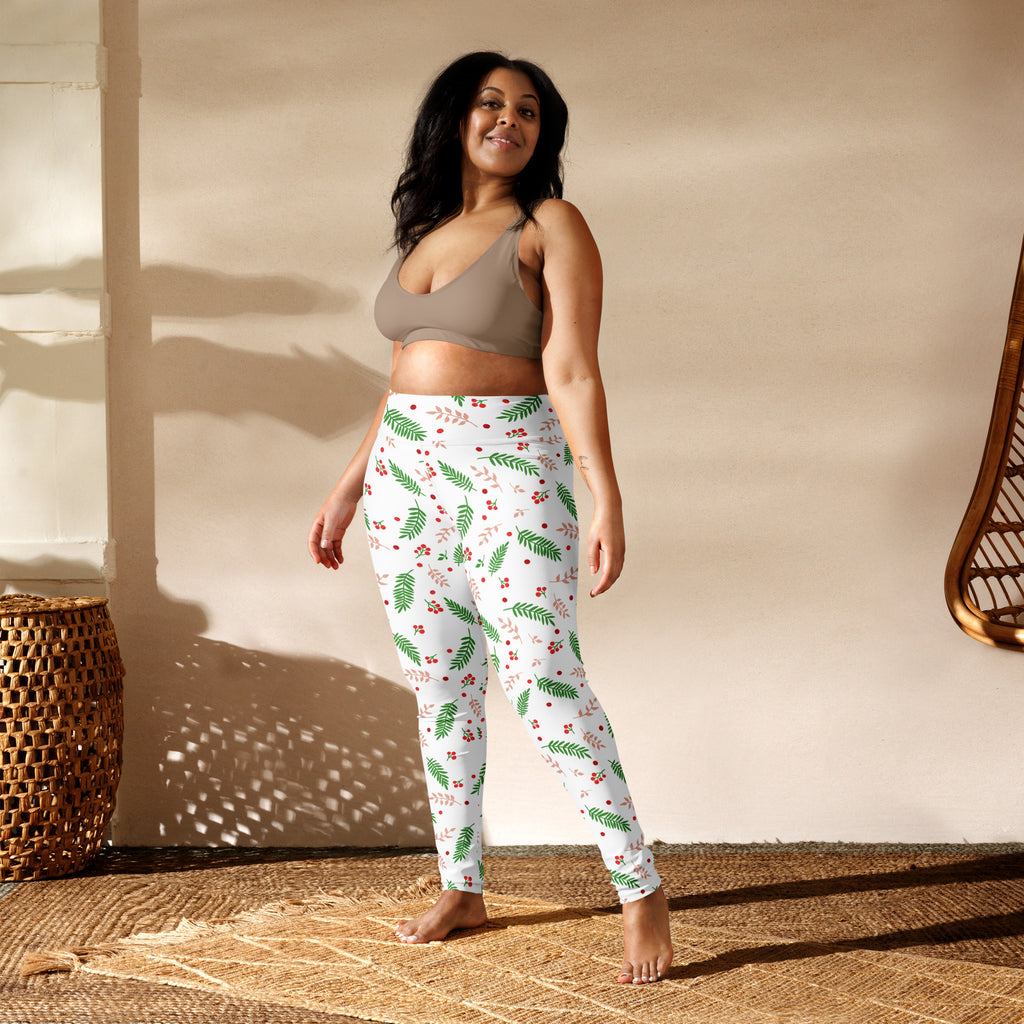 White buttery soft yoga leggings with green leaf and red berry pattern for women winter wear