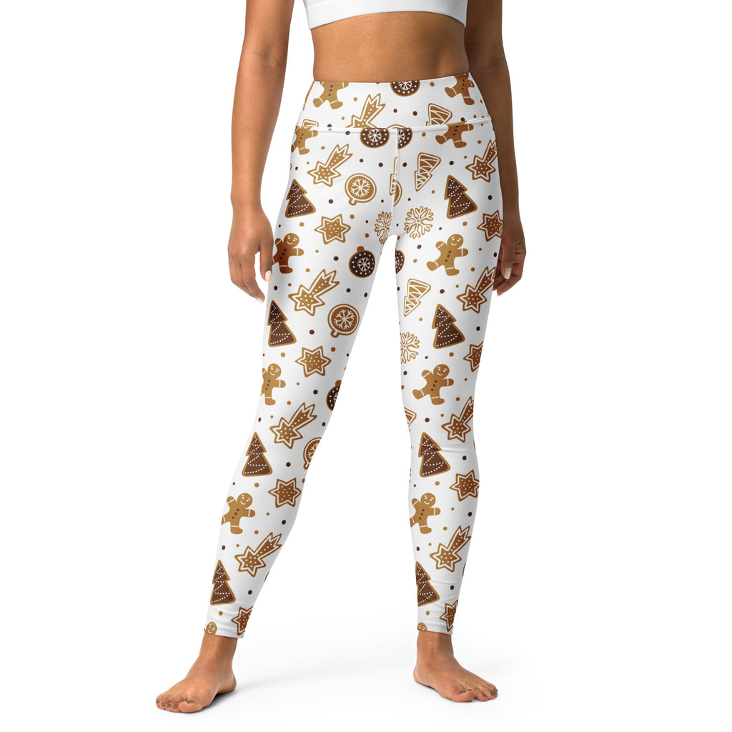 White high-waisted buttery soft yoga leggings with festive gingerbread men and christmas pattern for women