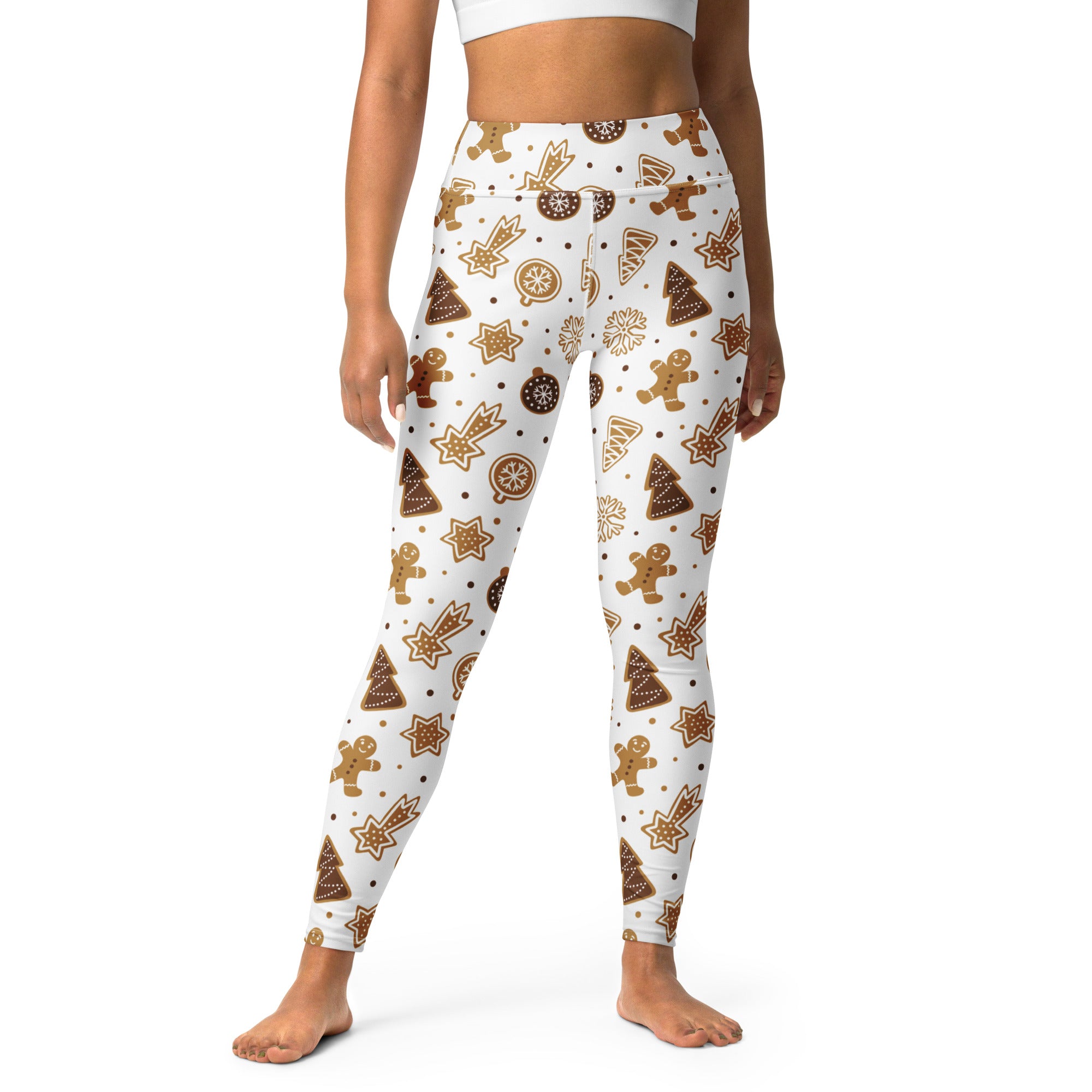 White high-waisted buttery soft yoga leggings with festive gingerbread men and christmas pattern for women