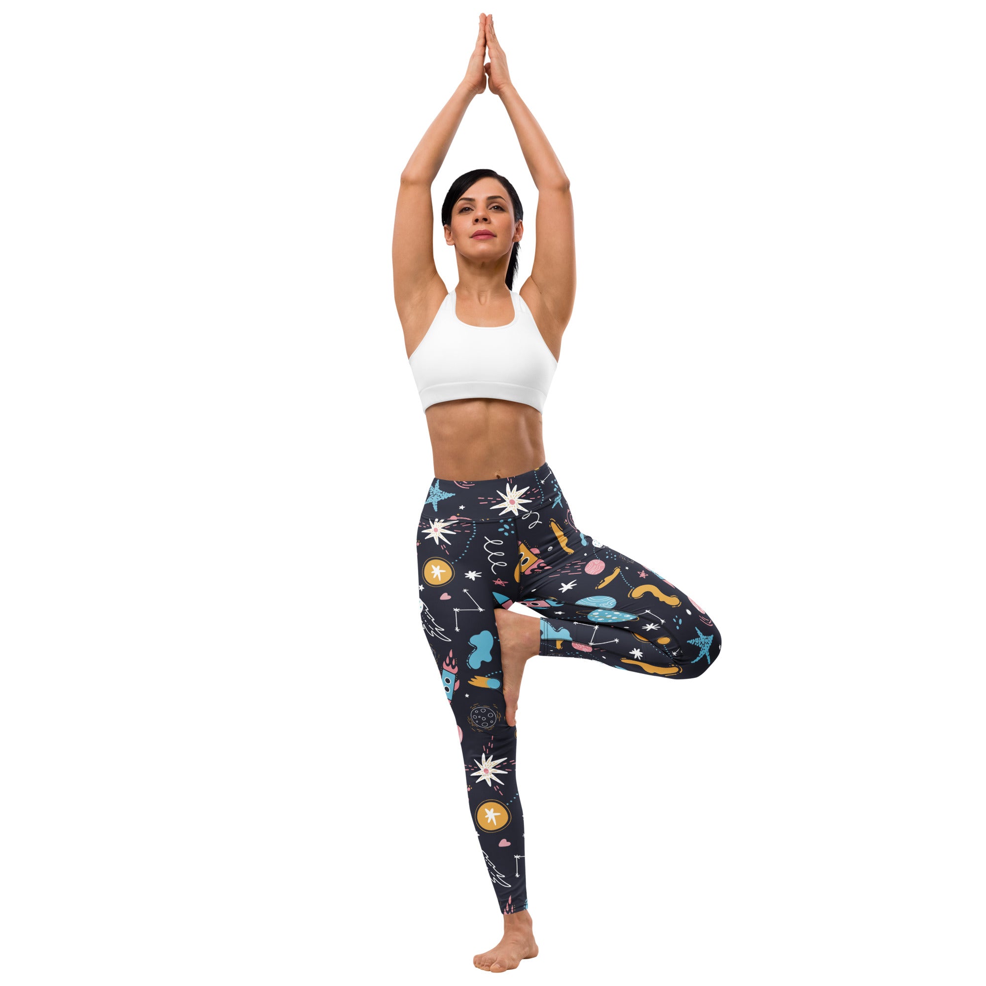 Dark blue women’s outer space buttery soft yoga leggings with colorful celestial stars planets and constellations pattern