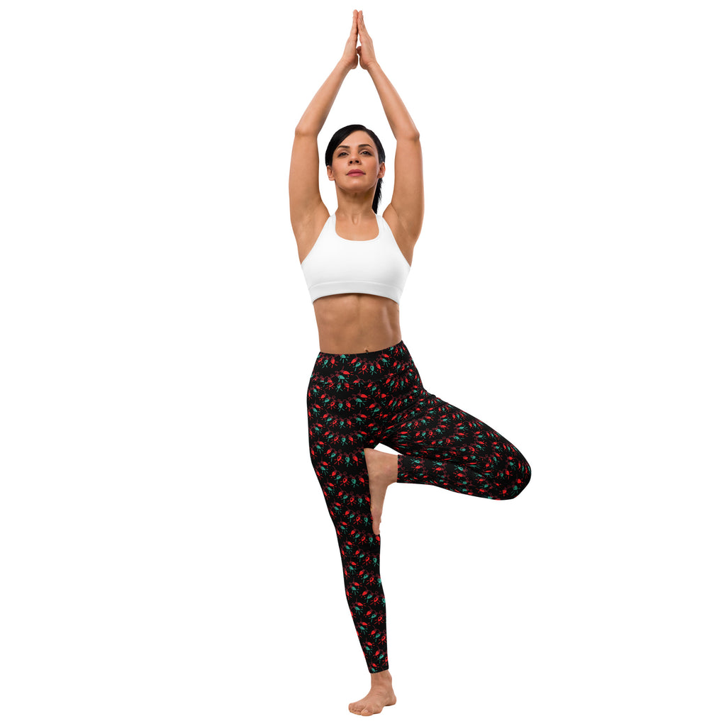 Women’s buttery soft black yoga leggings with red and green chili pepper pattern for christmas lights design