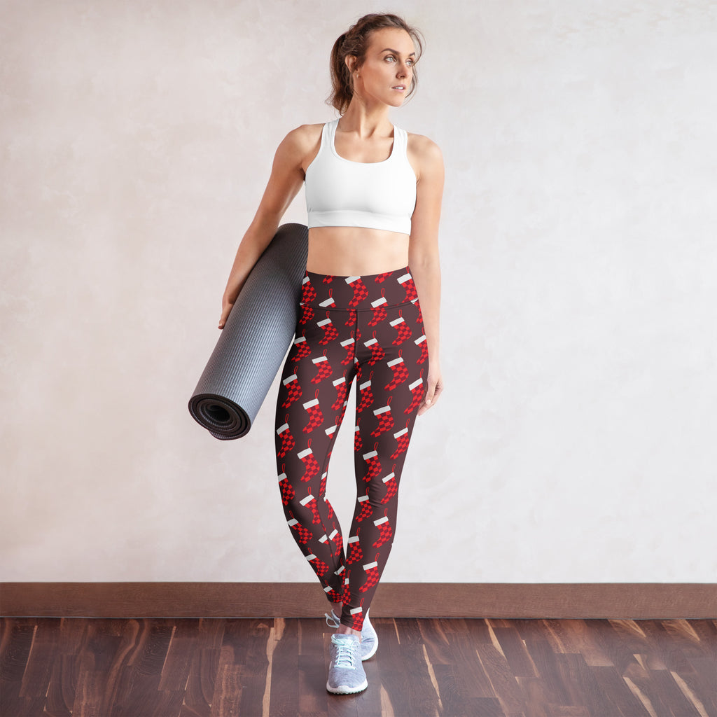 Women’s Christmas stocking buttery soft yoga leggings with red and white grape pattern and high-waisted fit