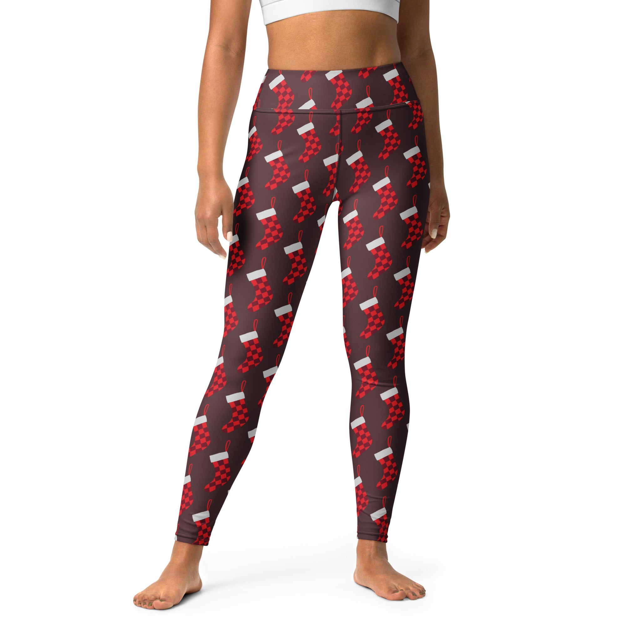 Women’s buttery soft high-waisted yoga leggings featuring red and white christmas stocking pattern