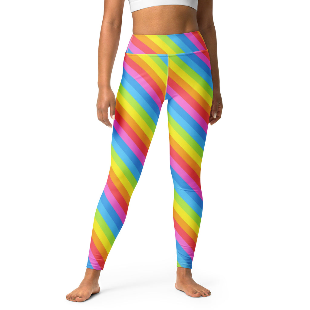 Women’s rainbow stripe buttery soft high waisted yoga leggings with neon diagonal pattern and quick drying fabric