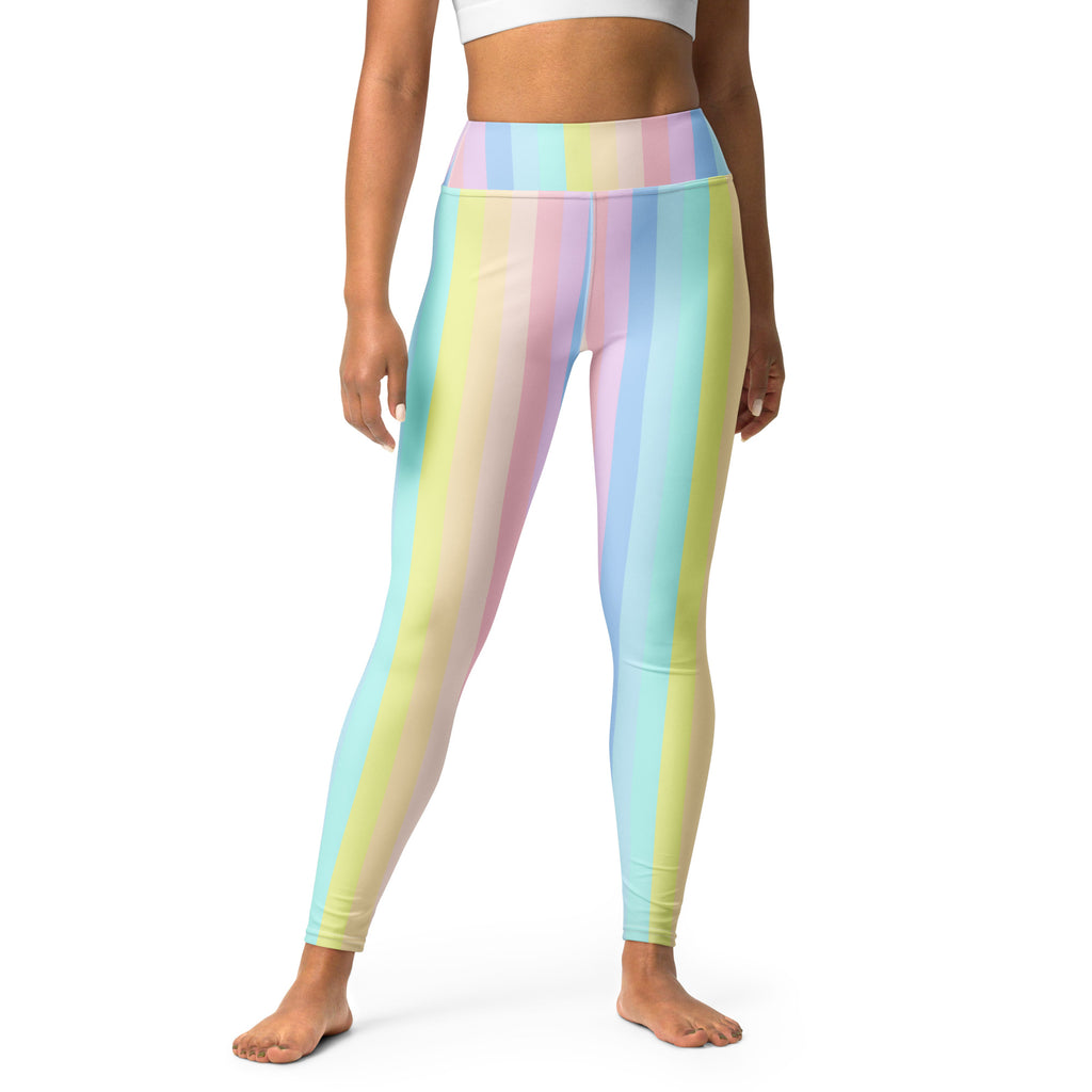 Women’s pastel rainbow stripe high waisted leggings made of buttery soft quick drying fabric for yoga and comfort