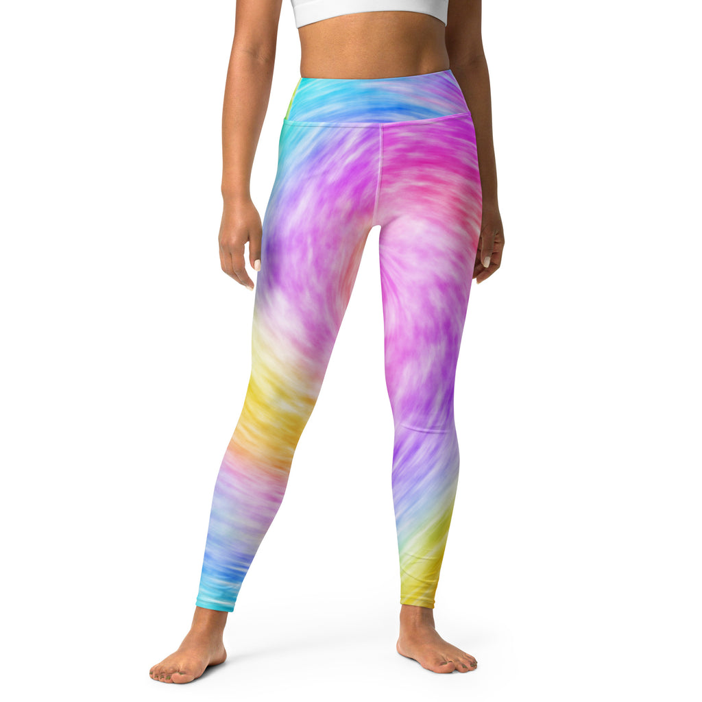 Women’s rainbow tie dye high waisted leggings in soft stretchy fabric designed for quick drying and yoga comfort
