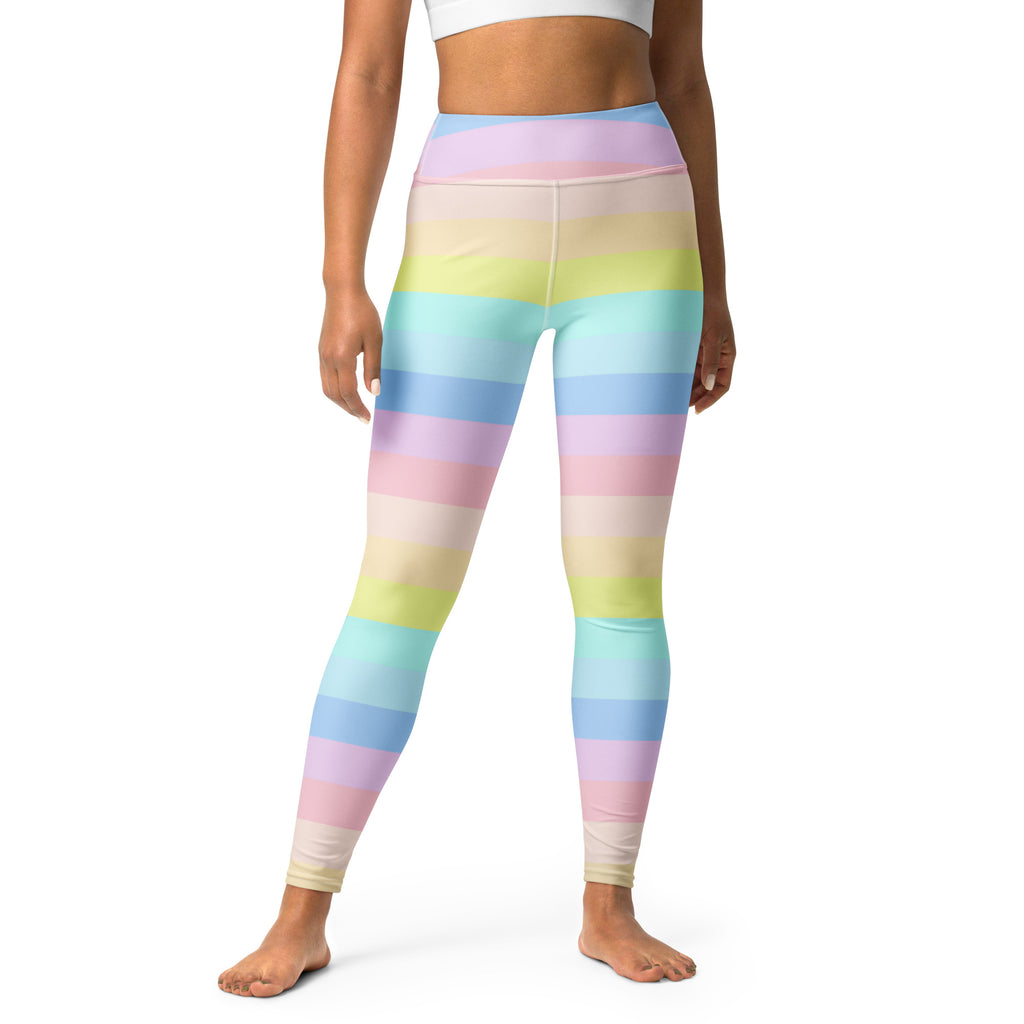 Women’s pastel rainbow stripe high waisted buttery soft quick drying yoga leggings shown from the back side
