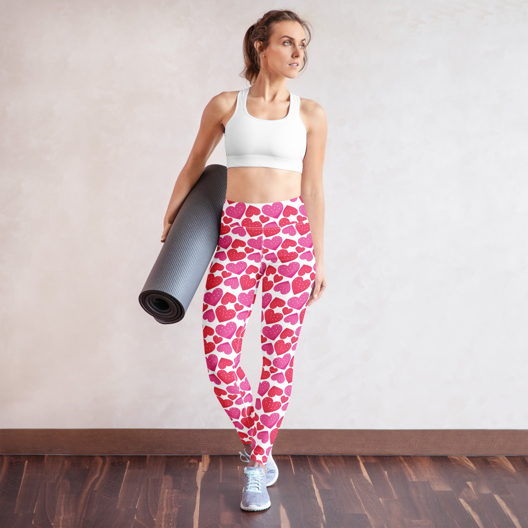 Women’s pink and red heart pattern high waisted buttery soft yoga leggings quick drying comfort