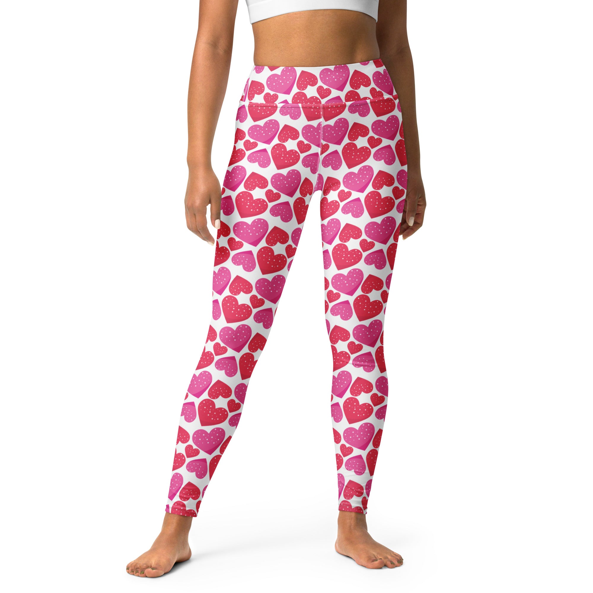 Women’s pink and red heart buttery soft high waisted yoga leggings with quick drying white base