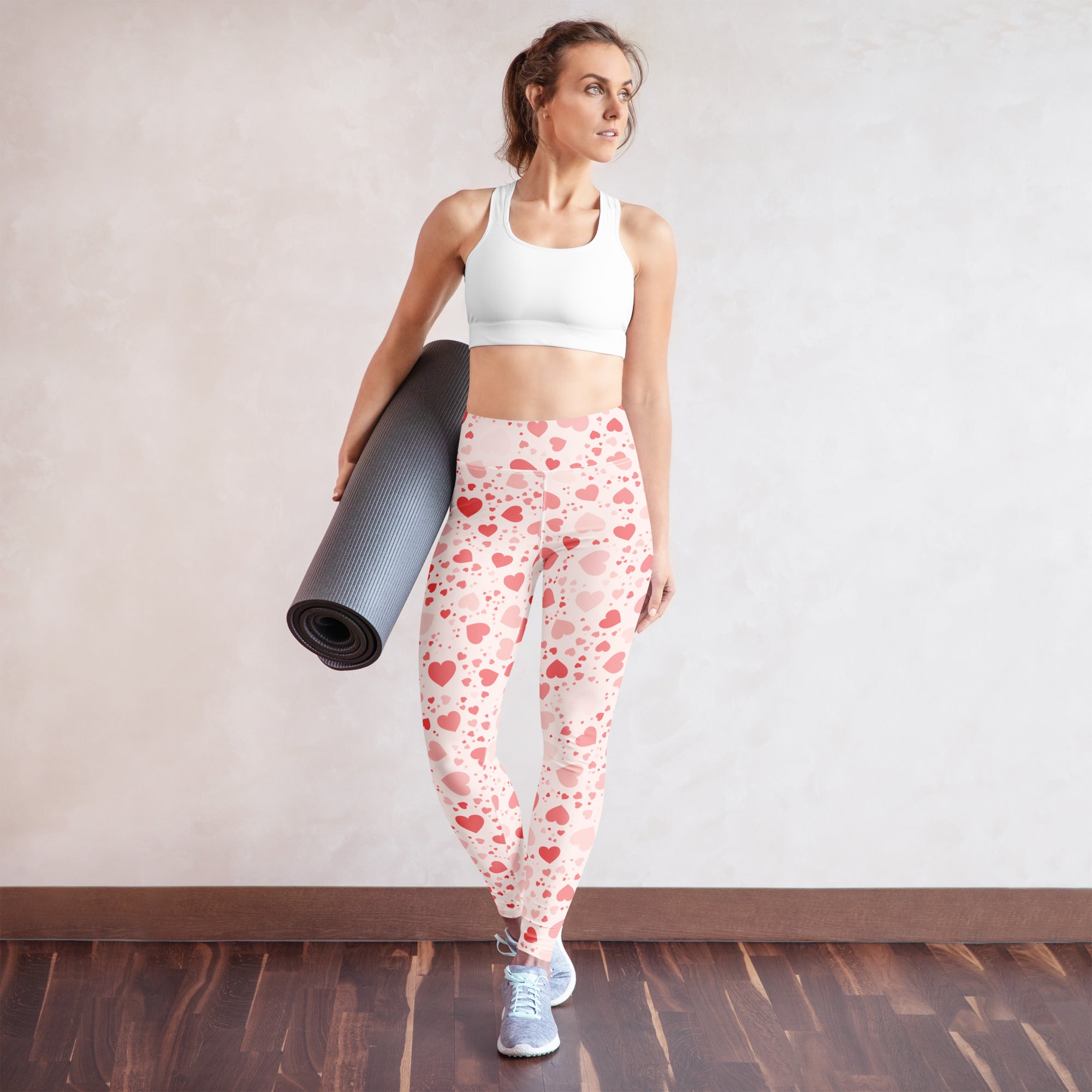 Women’s soft pink buttery soft yoga leggings with red and light pink heart pattern quick drying high waisted comfort