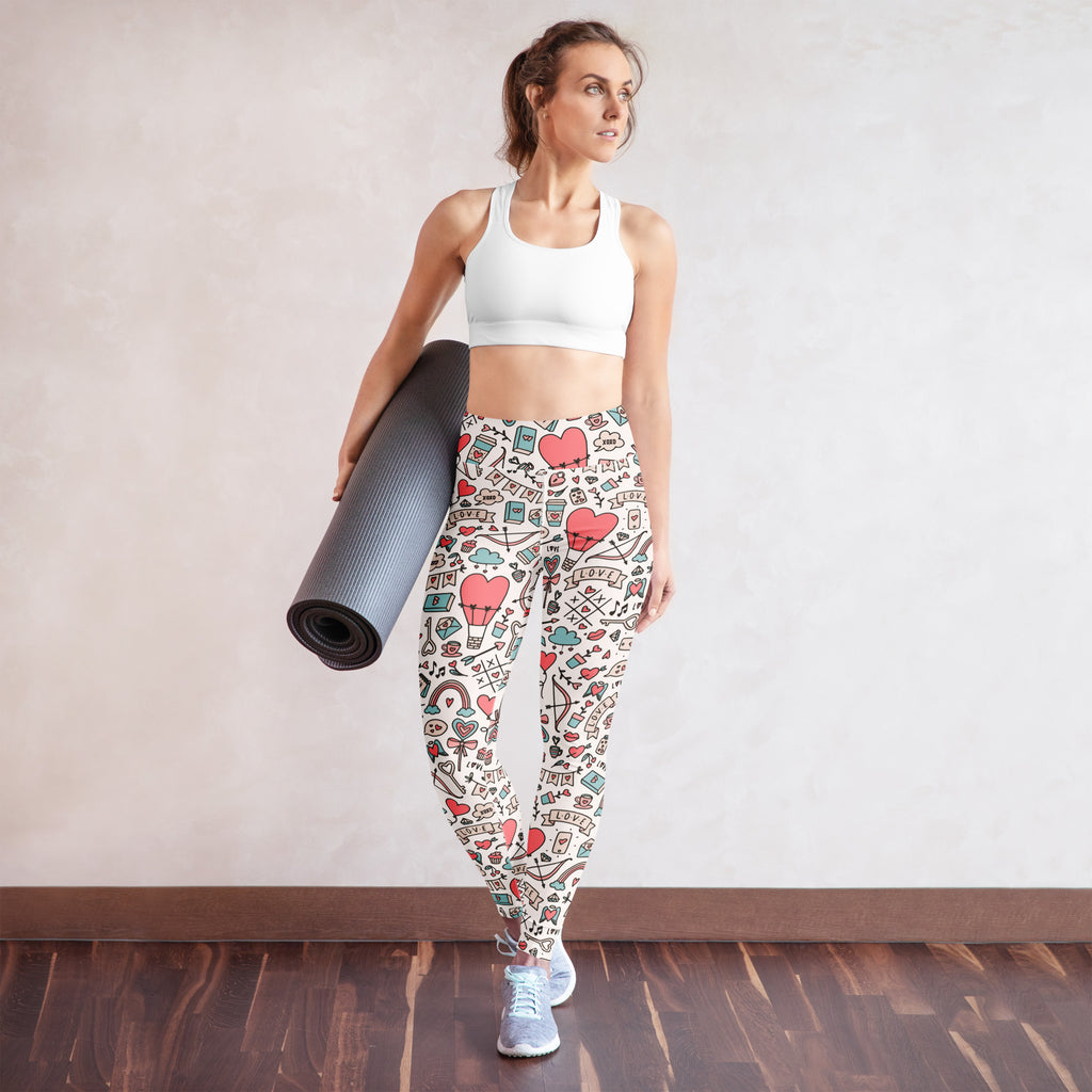 Women’s white buttery soft yoga leggings with red hearts bows and doodles high waisted quick drying comfort