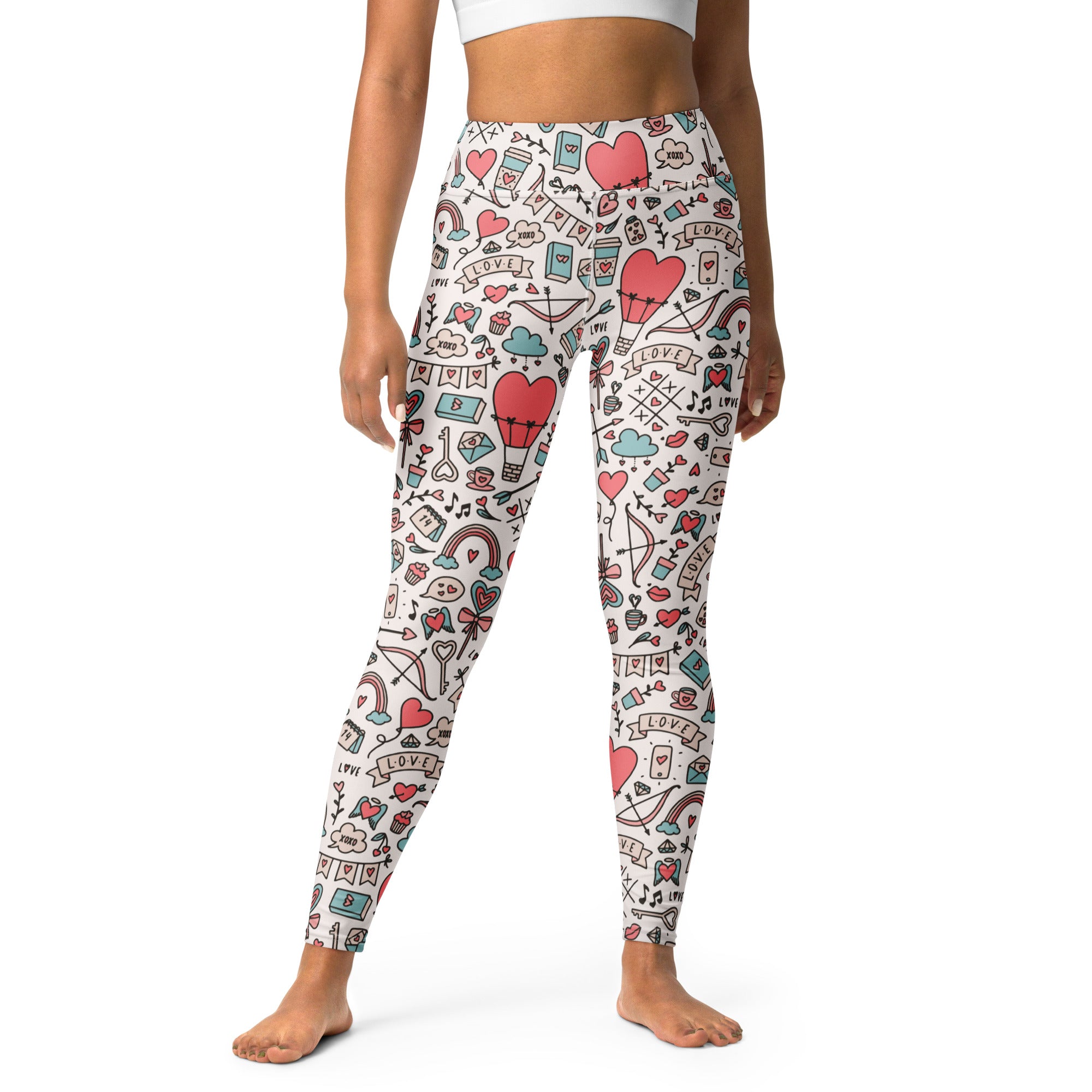 White buttery soft women’s yoga leggings with high waist and pink teal love doodle pattern for valentine’s day