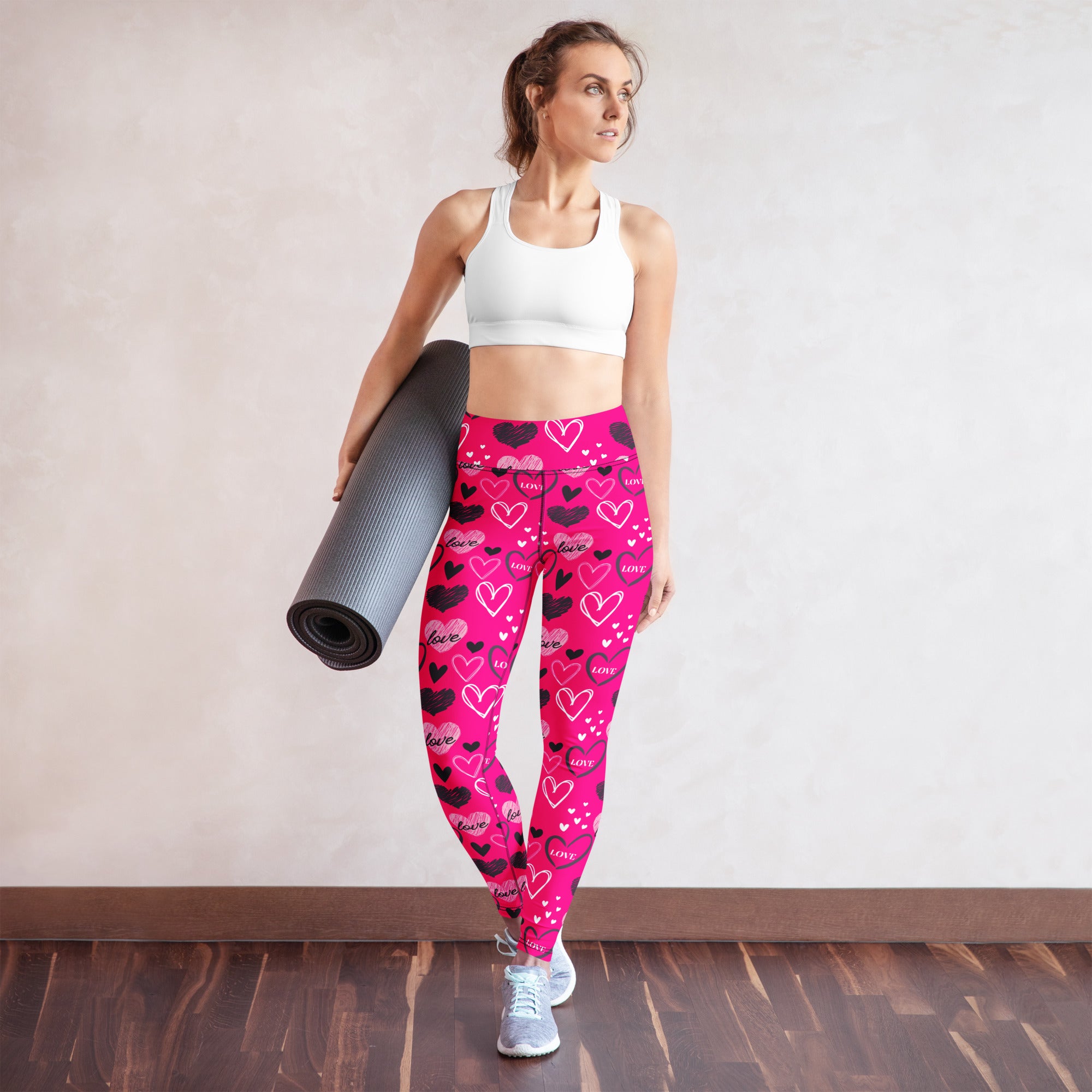 Women’s hot pink buttery soft high waisted yoga leggings with black and white heart and love pattern quick drying