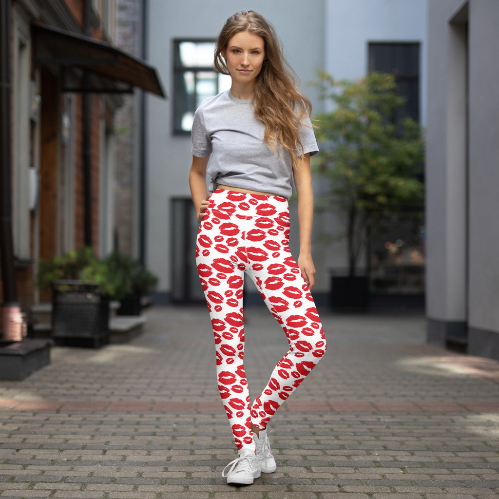White leggings with vibrant red lipstick print buttery soft high waisted yoga leggings quick drying comfort