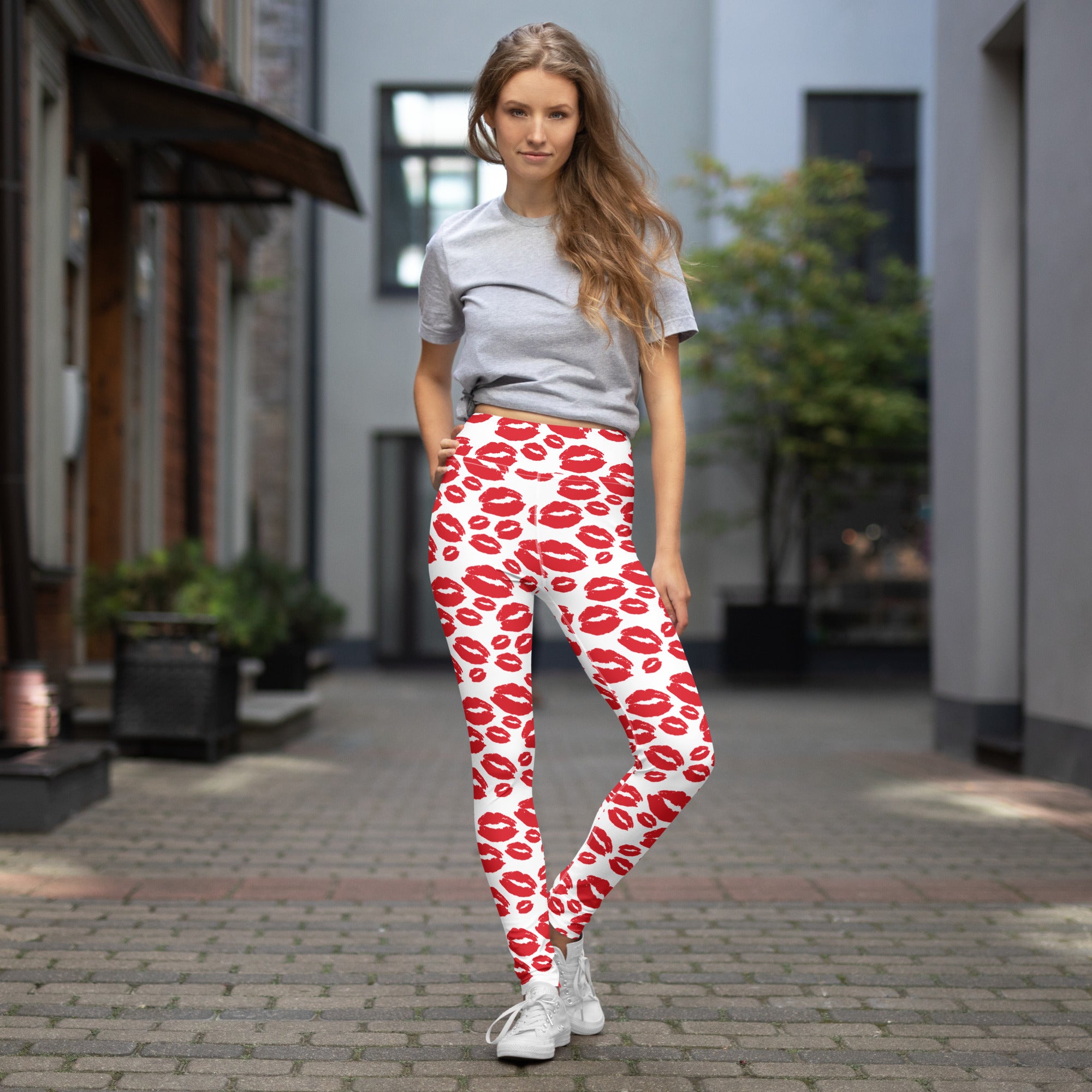 White leggings with vibrant red lipstick print buttery soft high waisted yoga leggings quick drying comfort