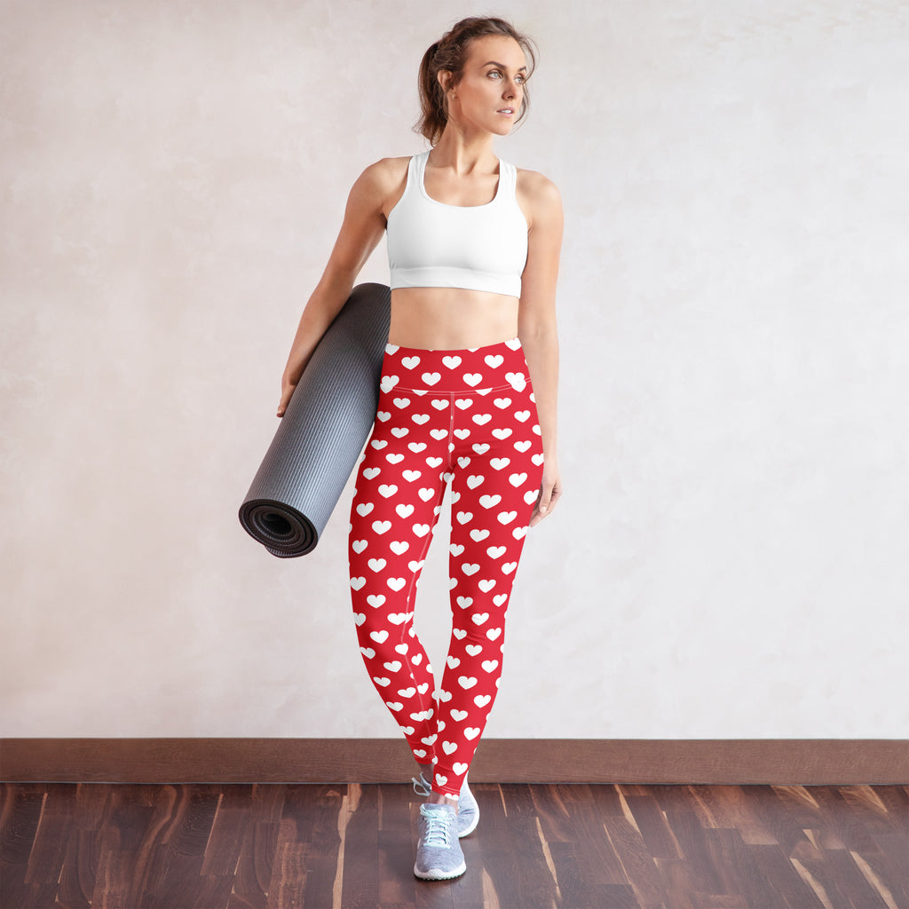 Women’s red heart buttery soft yoga leggings with white hearts high waisted and quick drying for valentine’s comfort