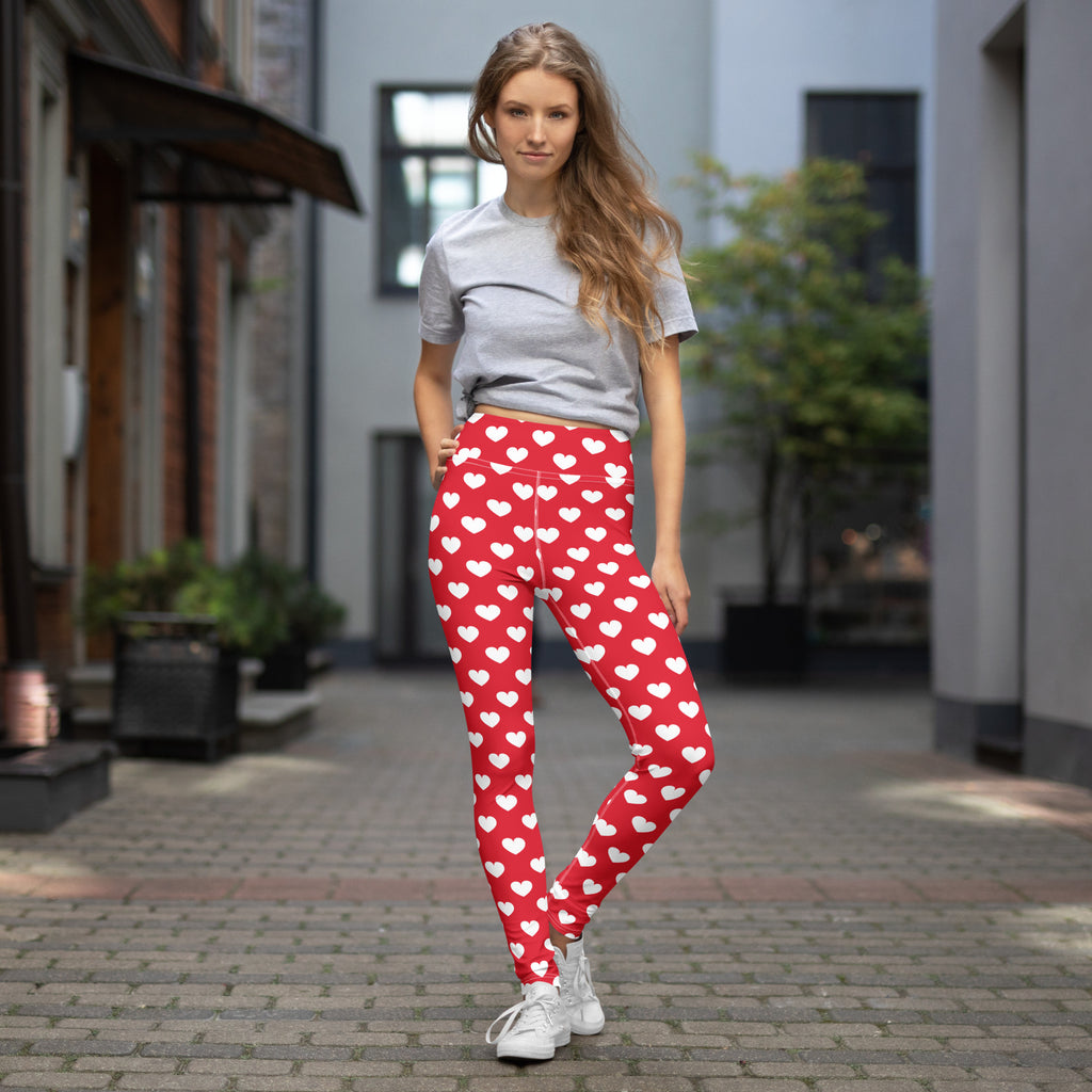 Women’s red heart buttery soft yoga leggings with white hearts high waisted quick drying stretchy fabric
